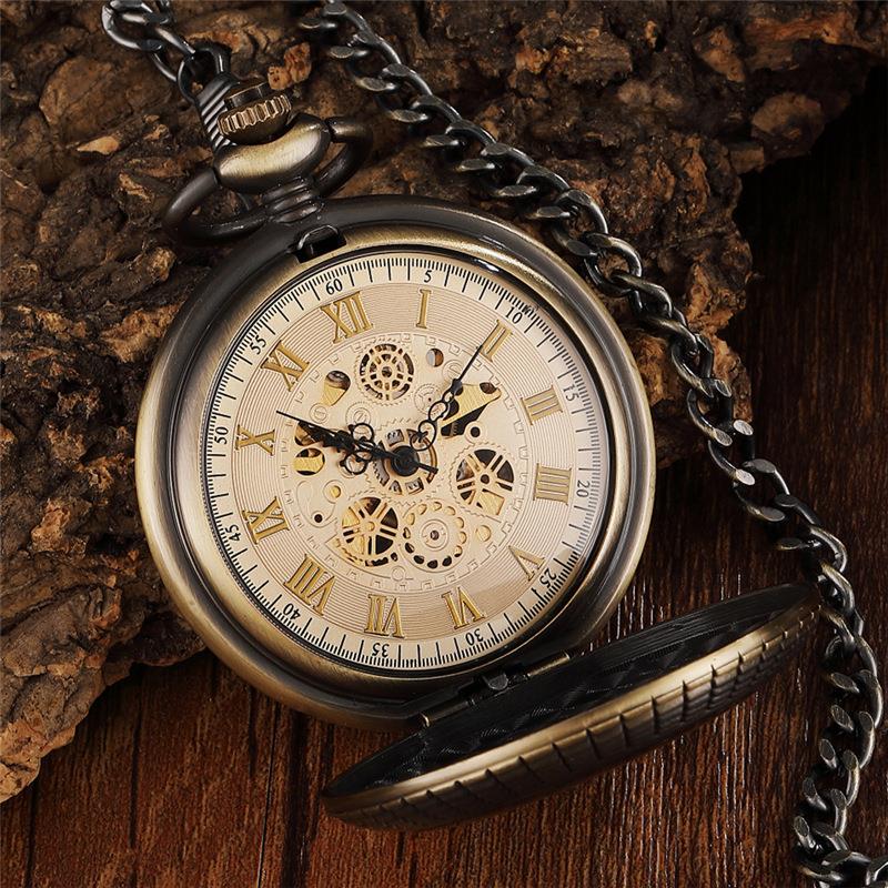 Mechanical Skeleton Wooden Half Hunter Pocket Watch