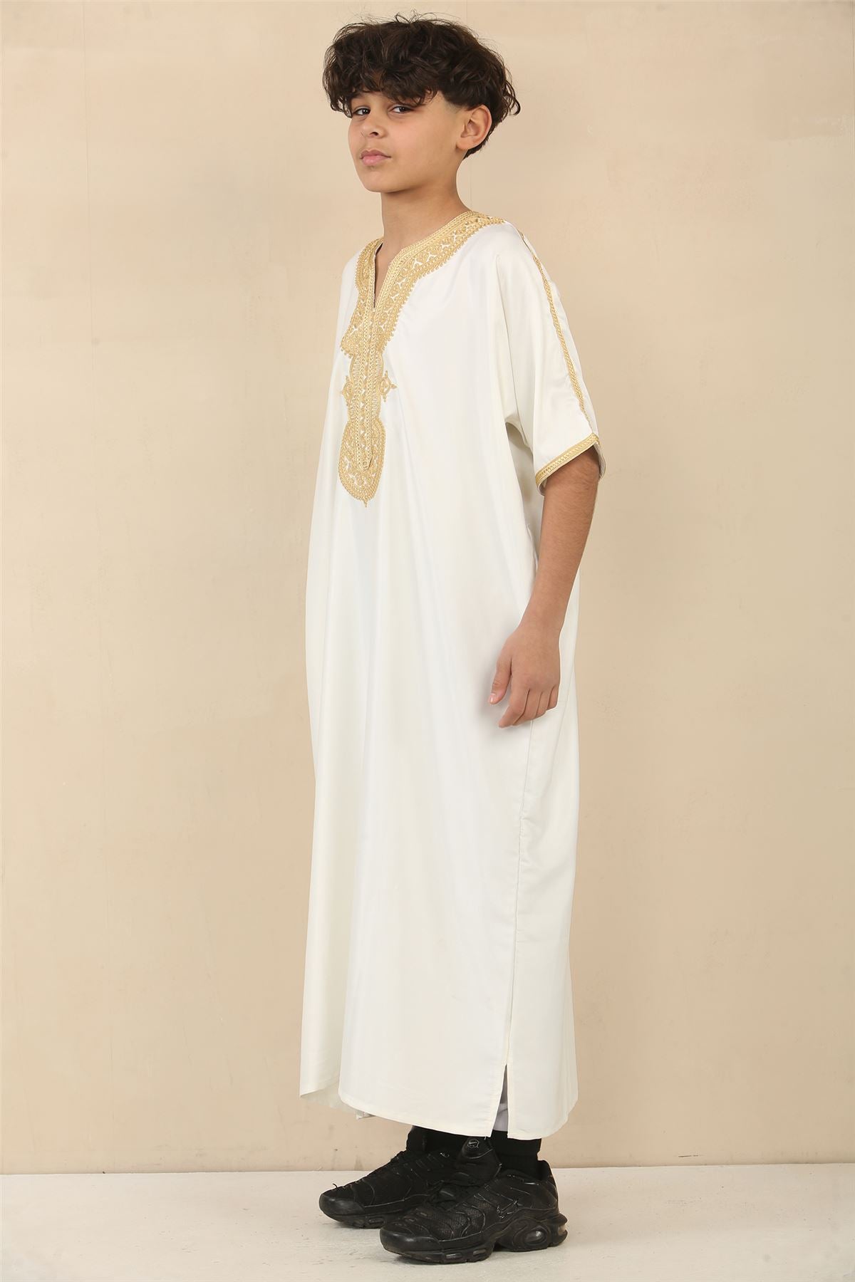Boys Moroccan Thobe Gandoura Short Sleeve Jubba Islamic Clothing Kaftan Eid Robe Arab Embroidery