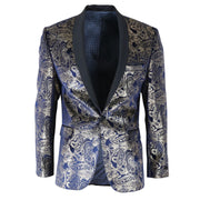 STZ63 - Mens Velvet Paisley Floral Blue Gold Tuxedo Blazer