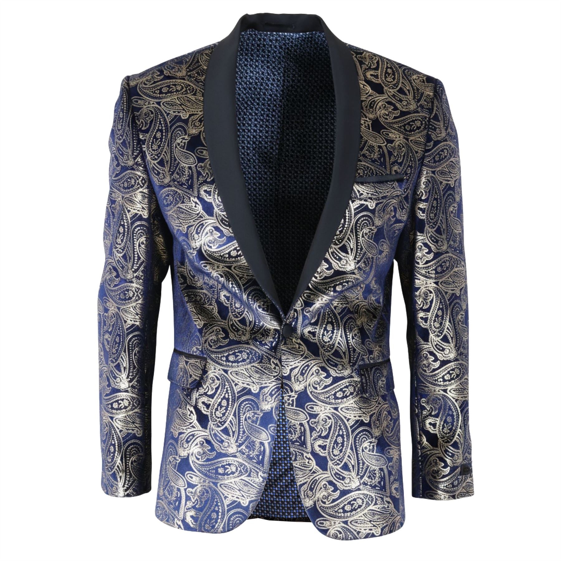 STZ63 - Mens Velvet Paisley Floral Blue Gold Tuxedo Blazer