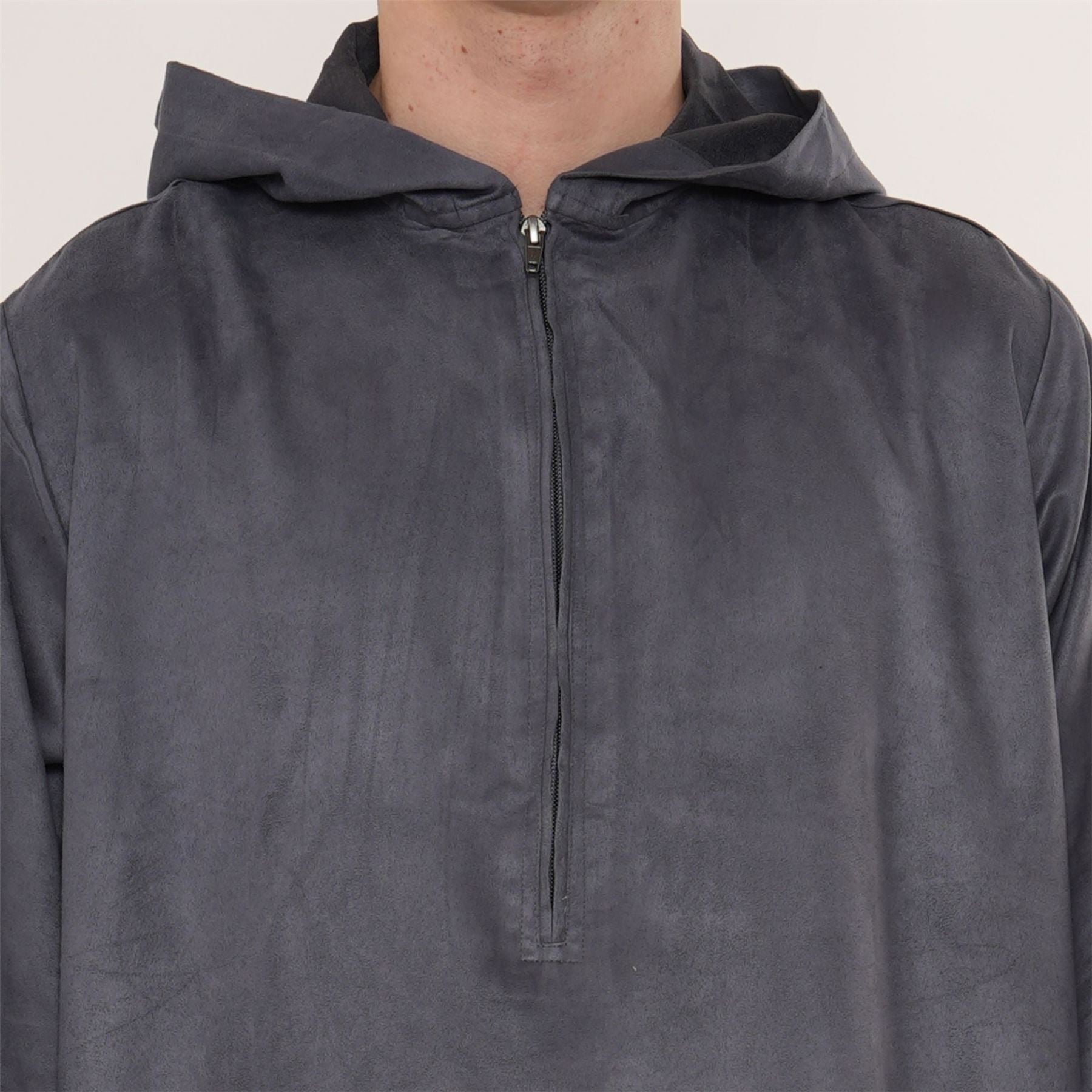 HM12 - Men's Hooded Suede Thobe Emirati Omani Zipped Thobe