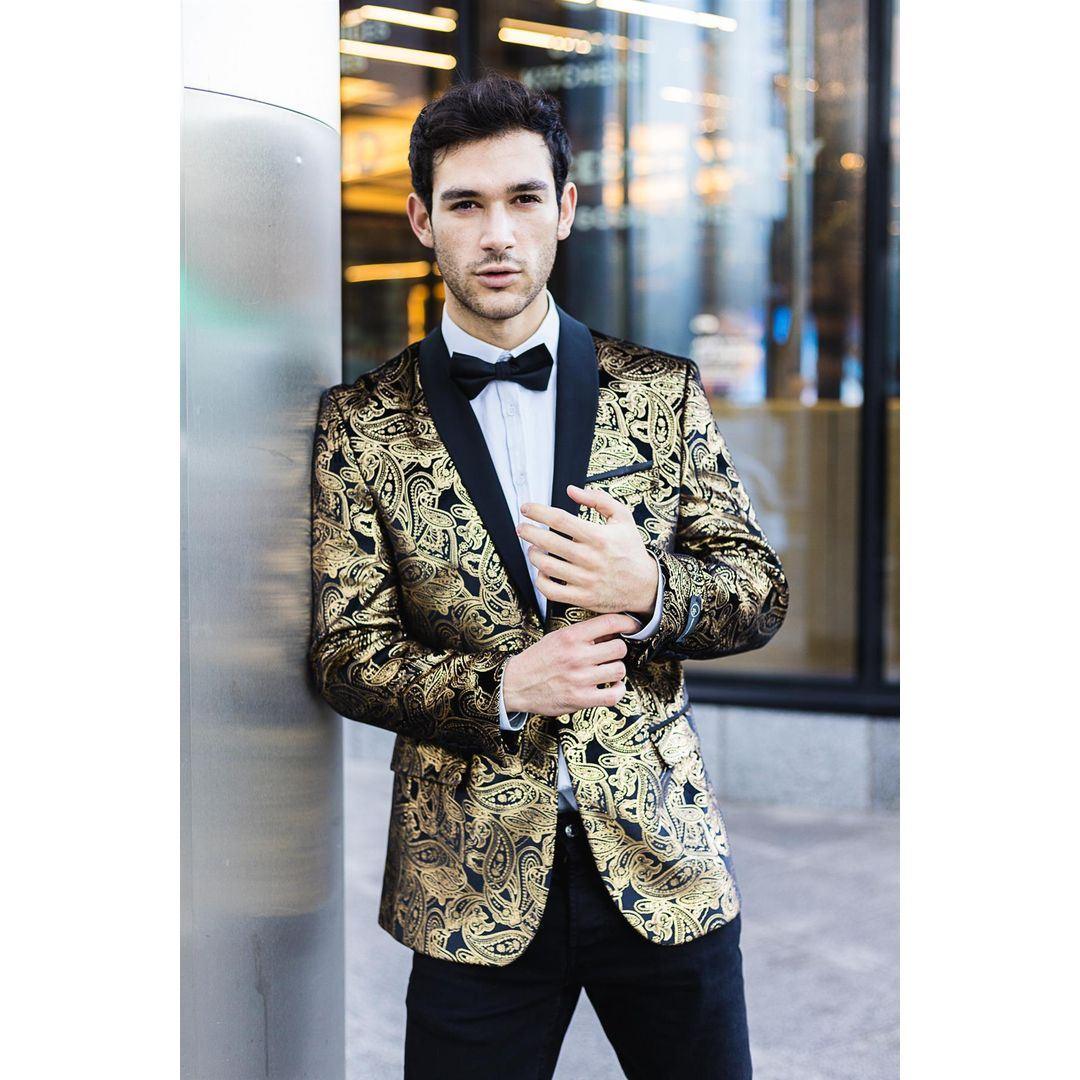 Mens Velvet Paisley Floral Blazer Black Gold Silver Tuxedo Jacket Dinner Suit Tux - Knighthood Store