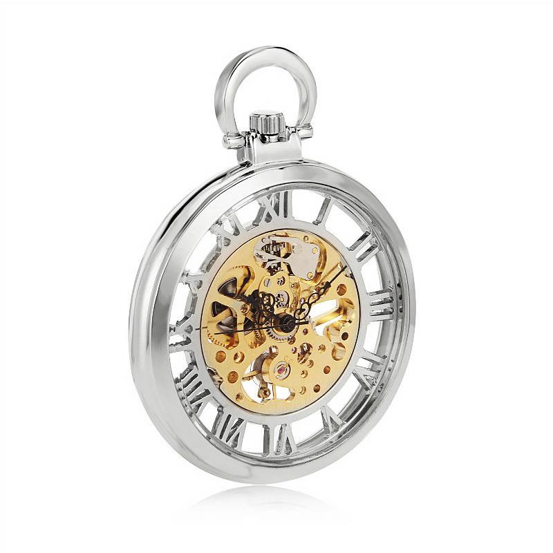 Mechanical Skeleton Open Face Silver Pocket Watch