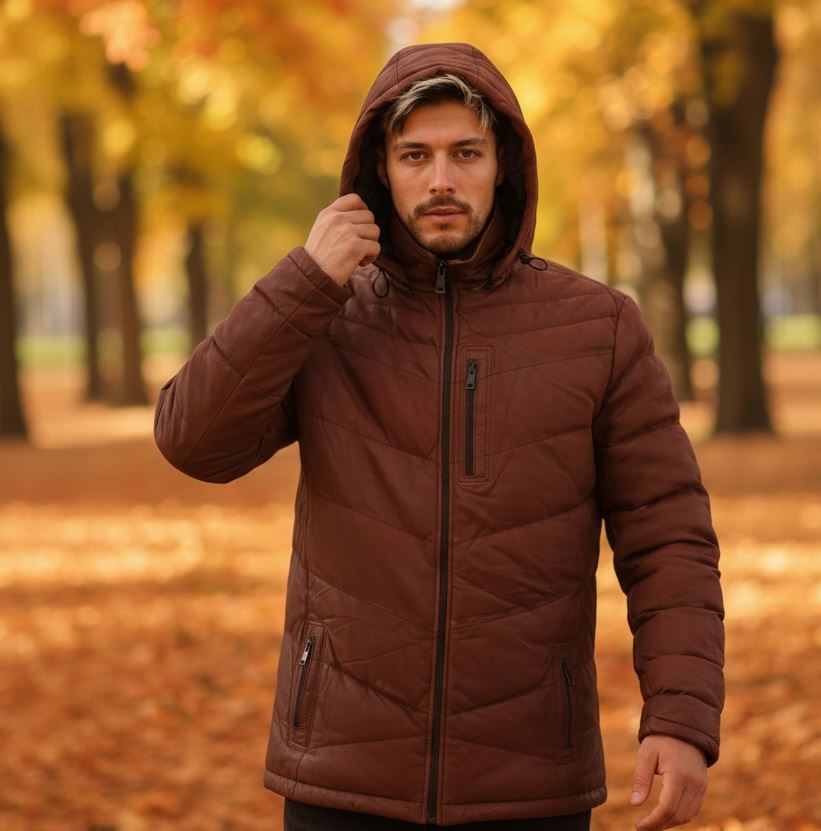 Men's Leather Puffer Jacket Hooded Quilted Winter Coat