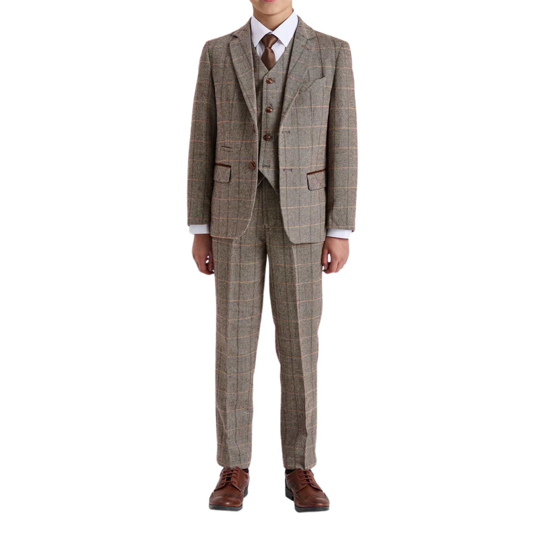 Harris - Boys Brown 3 Piece Wool Blend Tweed Suit