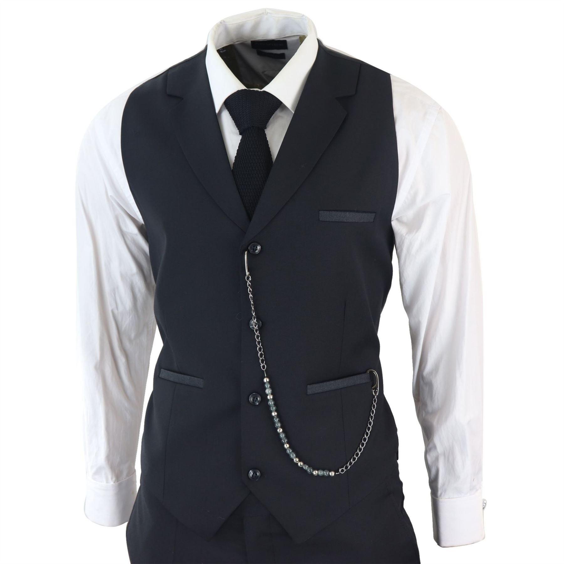 Mens Classic 3 Piece Suit Black Pocket Chain Wedding Tailored Fit Vintage Formal - Knighthood Store