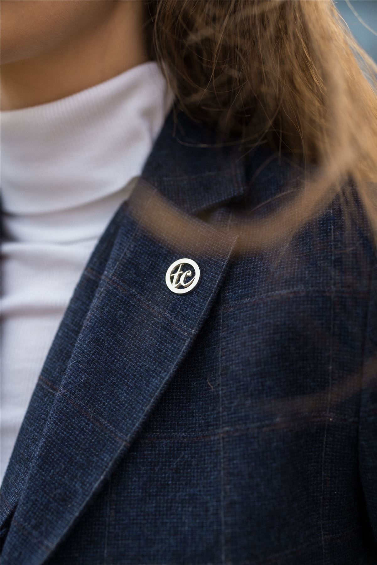 Women's Navy Blue Wool Blend Tweed Checkered Blazer Waistcoat