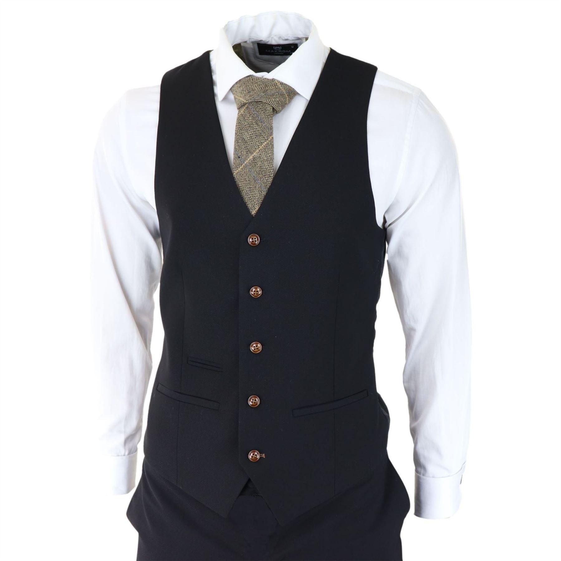 Mens Black 3 piece Suit Brown Trim Classic Birdseye Vintage Wedding Grooms - Knighthood Store