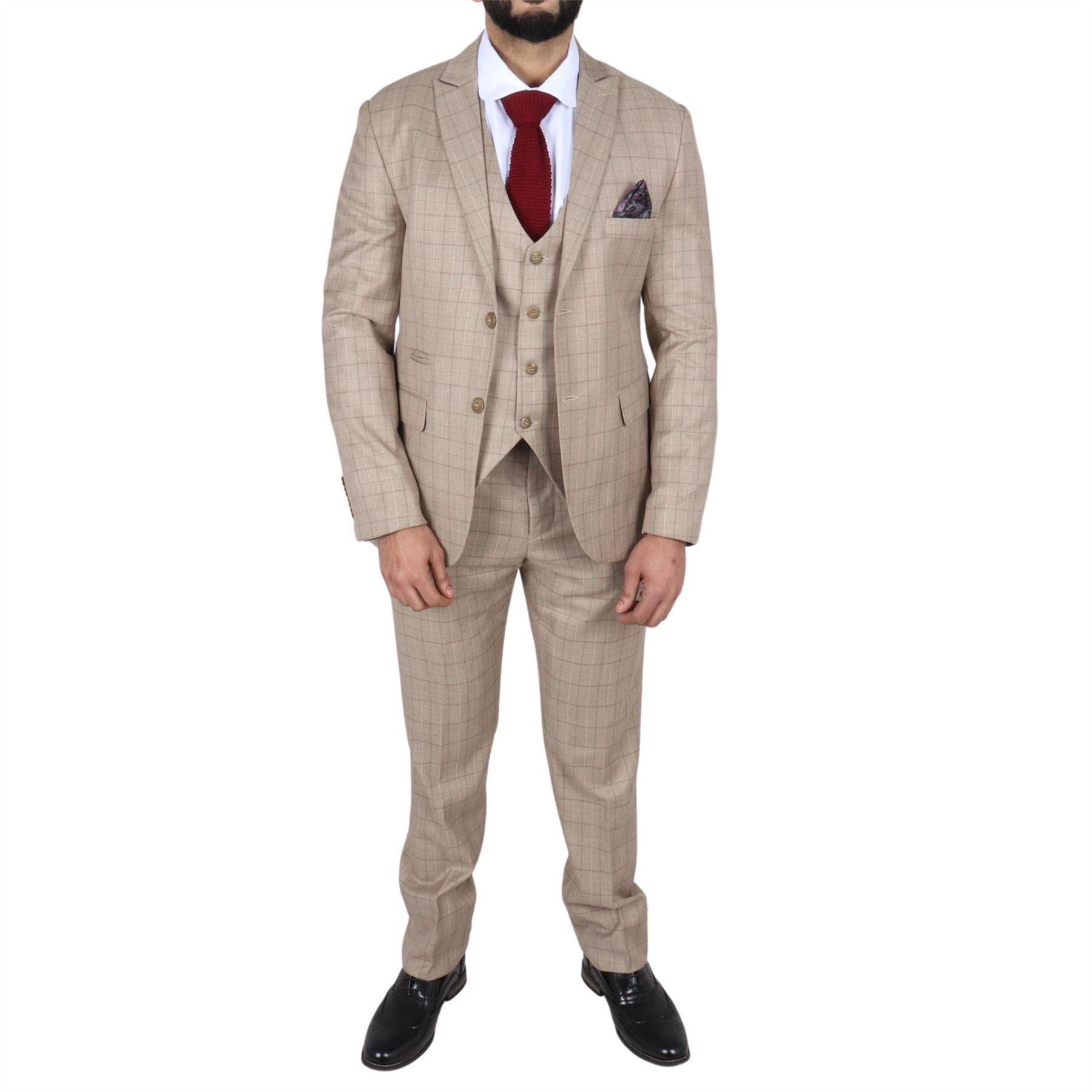 Men's Beige Suit Prince Of Wales Check Tailored Fit 3 Piece Formal Dress - Knighthood Store