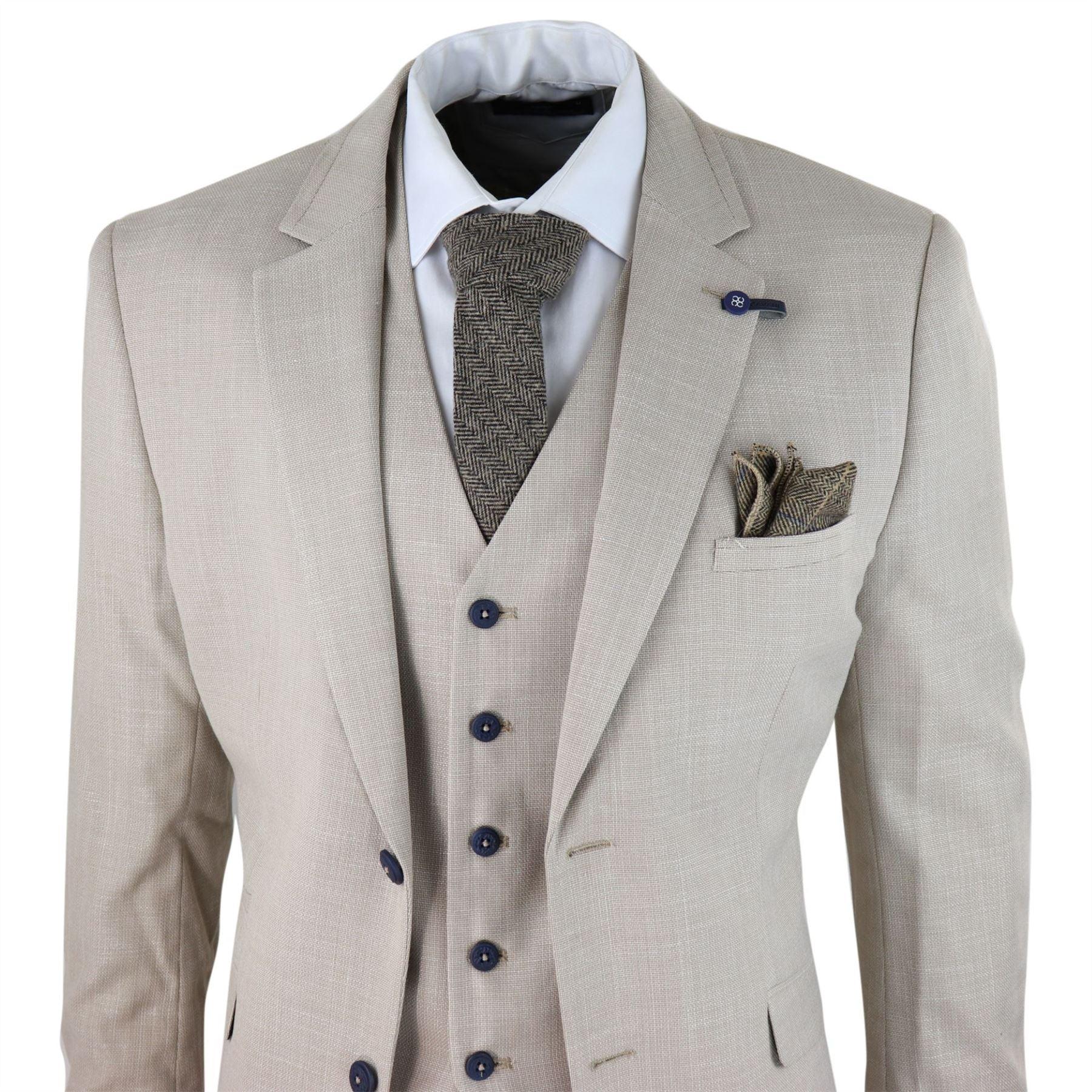 Mens 3 Piece Suit Linen Beige Cream 2 Button Tailored Fit Classic Retro - Knighthood Store