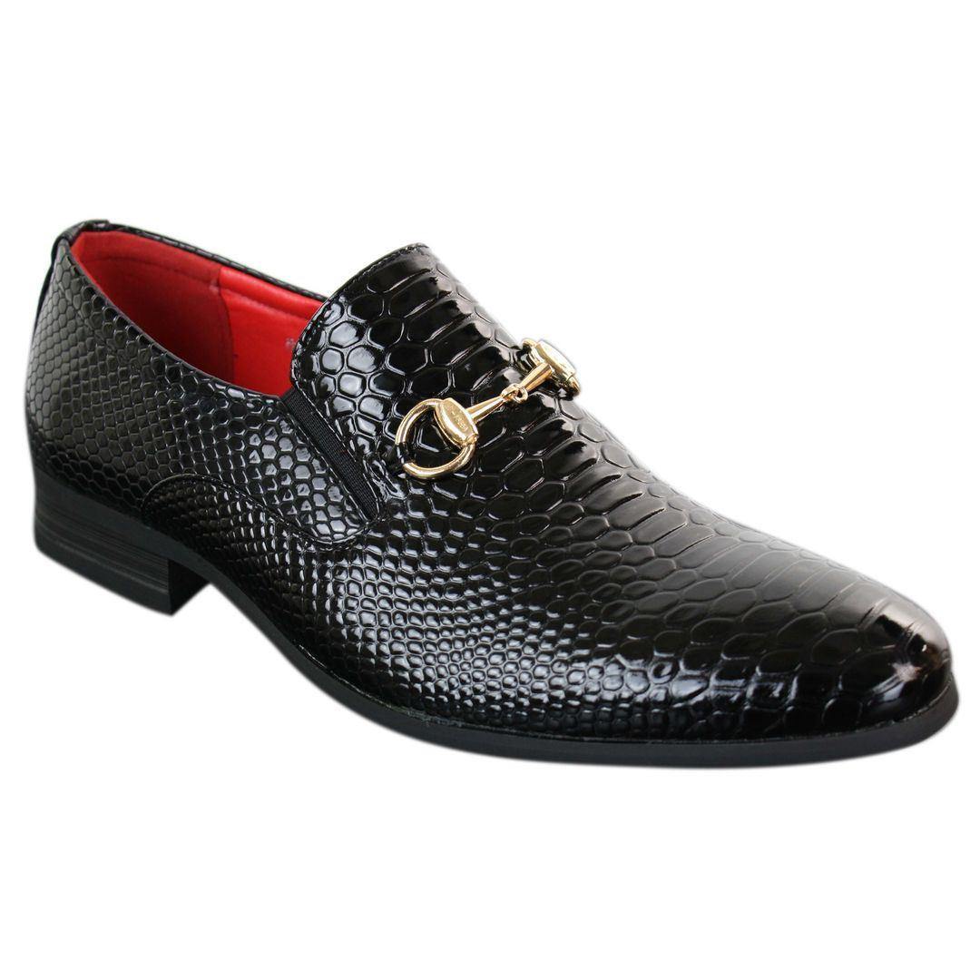 Mens Black Patent Shiny Slip On PU Snake Crocodile Leather Shoes Gold Buckle - Knighthood Store