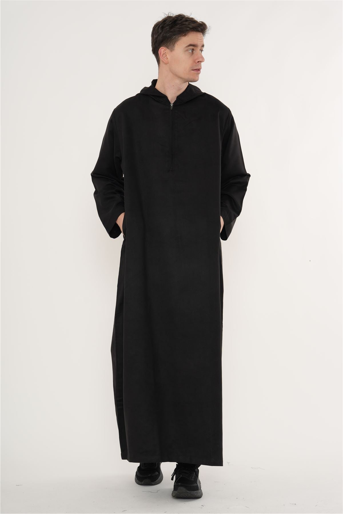 HM12 - Men's Hooded Suede Thobe Emirati Omani Zipped Thobe