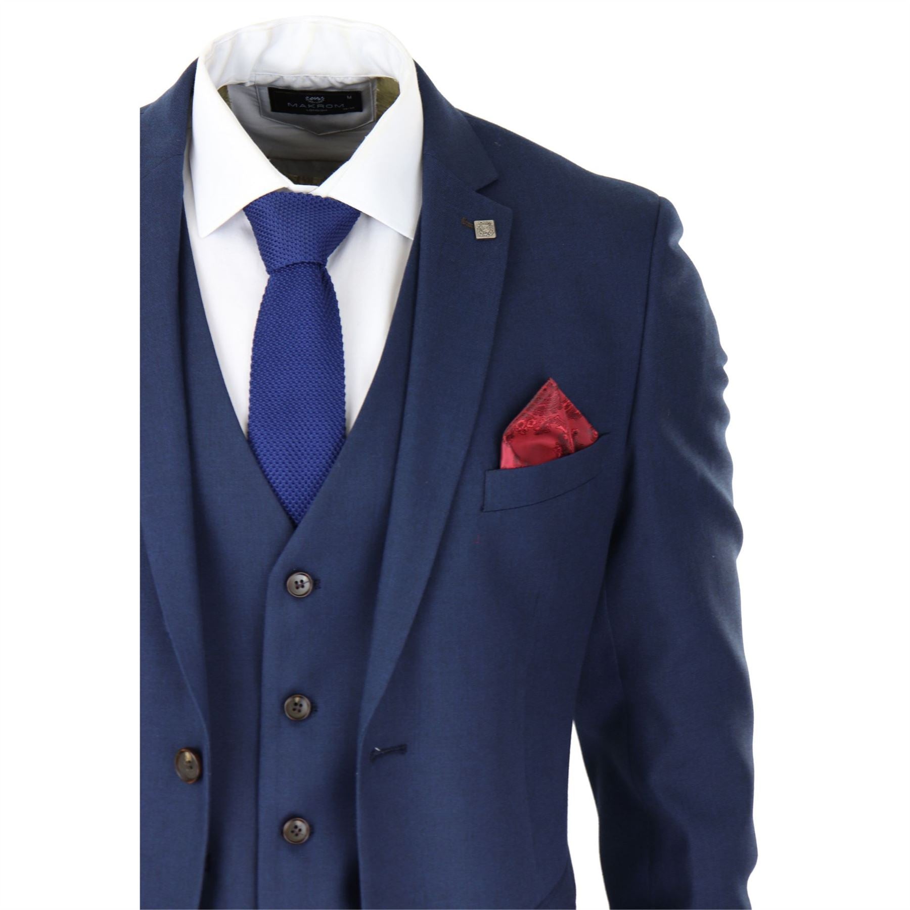 Mens Navy 3 Piece Suit Tailored Fit Smart Formal Classic Wedding Retro Vintage