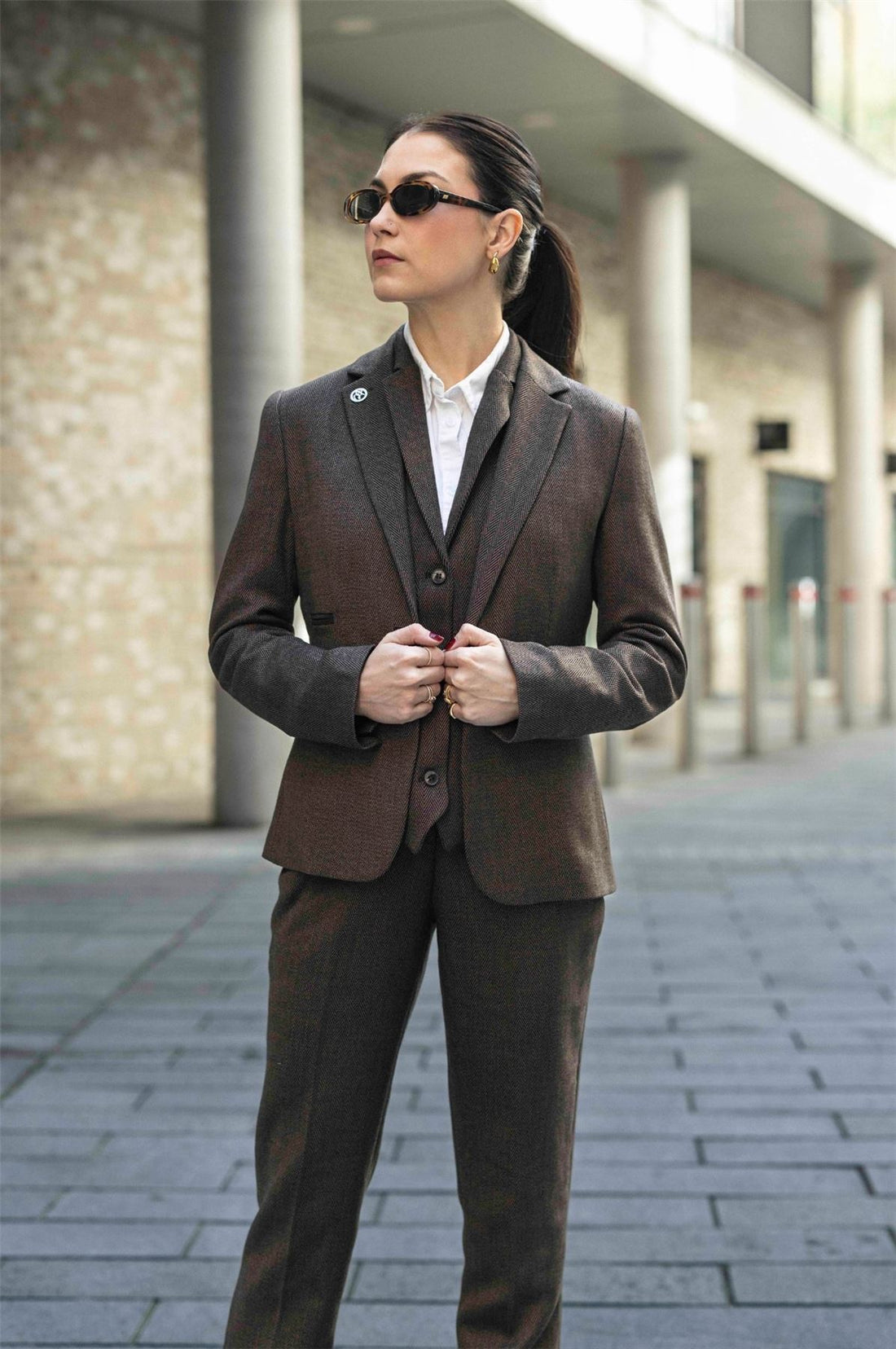TPW-AK-06 - Women's Brown 3 Piece Herringbone Tweed Suit