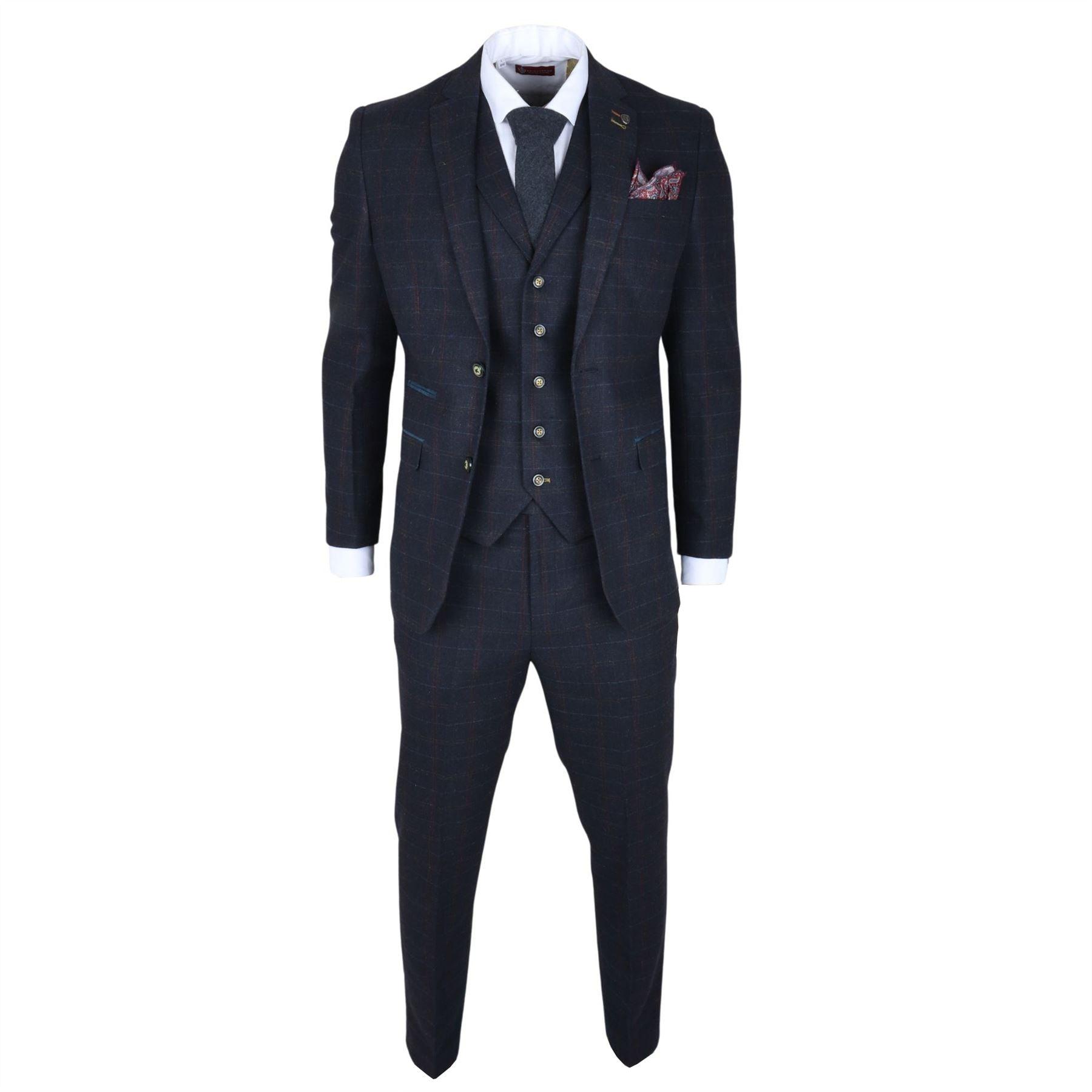 Men's Suit Wool Blend 3 Piece Navy Blue Herringbone Check Tweed Slim Fit Formal Dress - Knighthood Store