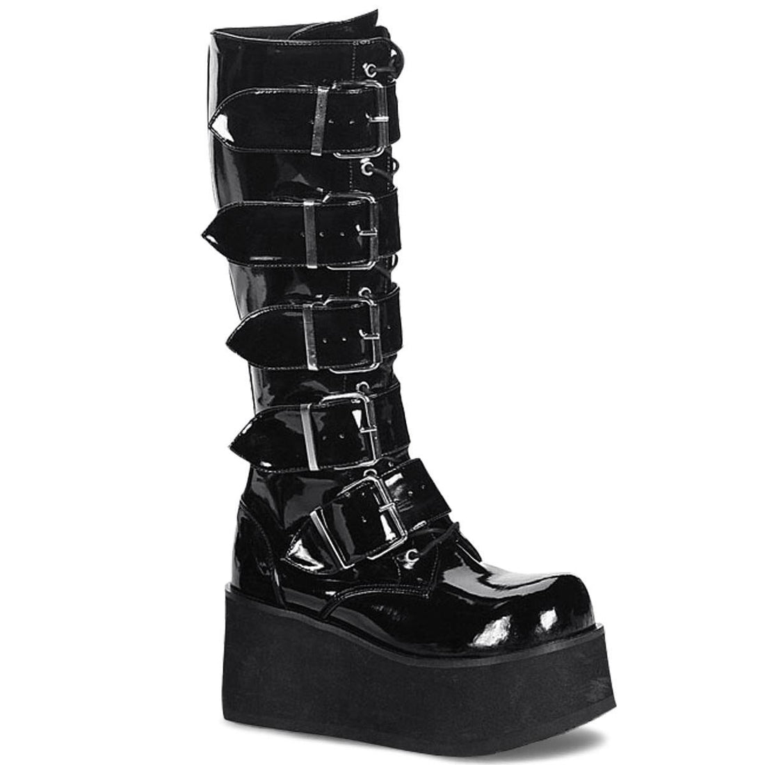 Knee Boots Demonia TRASHVILLE 518 Unisex Goth Punk Rock Black Patent Platform - Knighthood Store