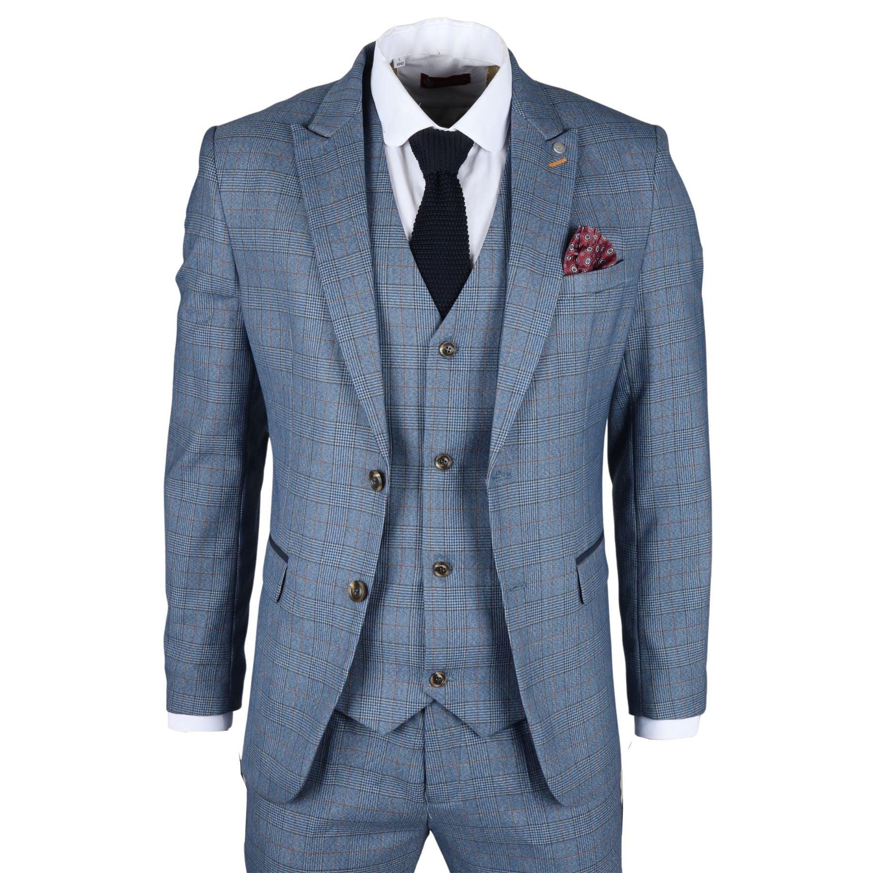 Men's Suit 3 Piece Blue Checked Classic Plaid Tailored Fit Formal Dress - Knighthood Store