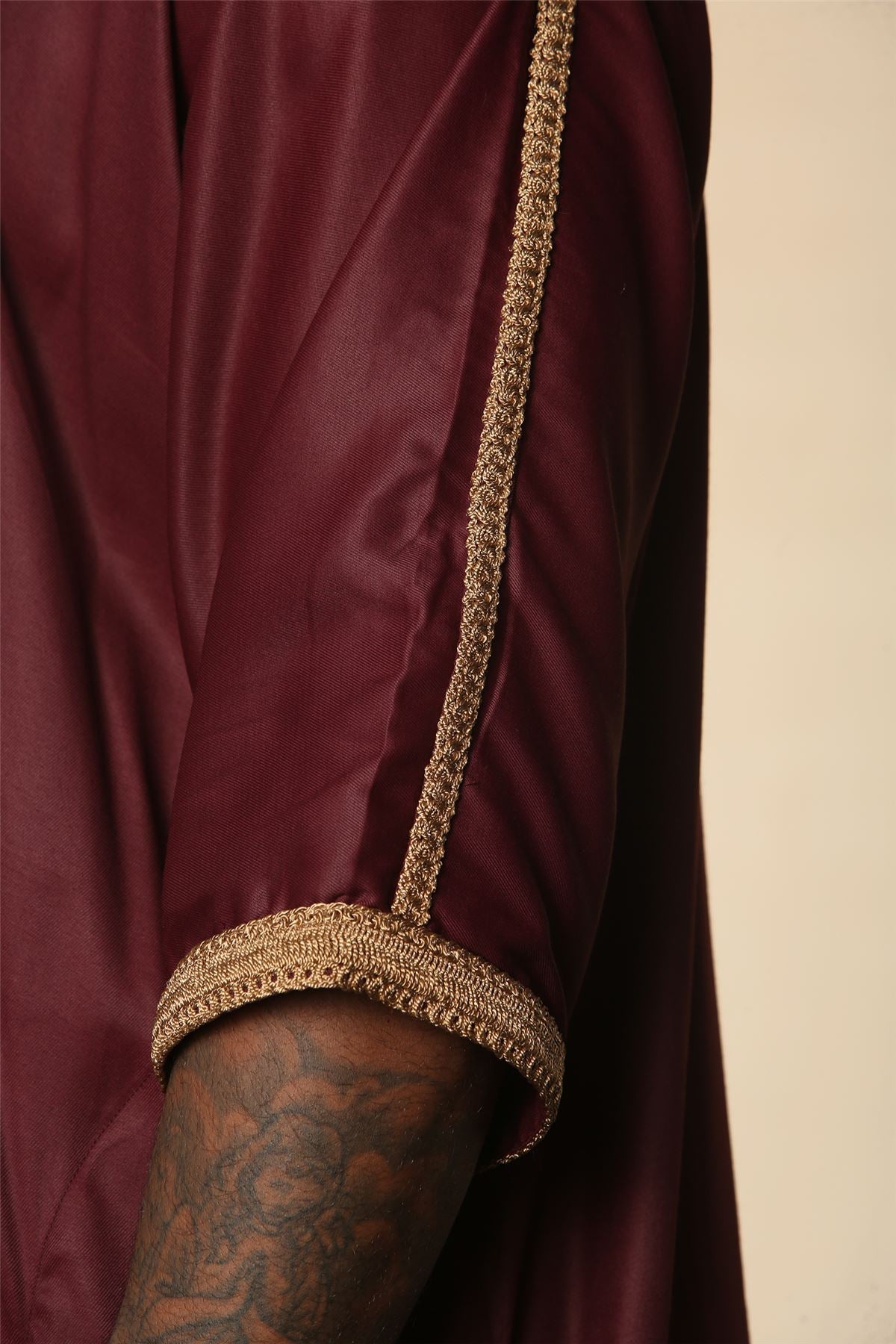 Men's Marron Moroccan Thobe Short Sleeve Gandoura Gold Embroidery Kaftan