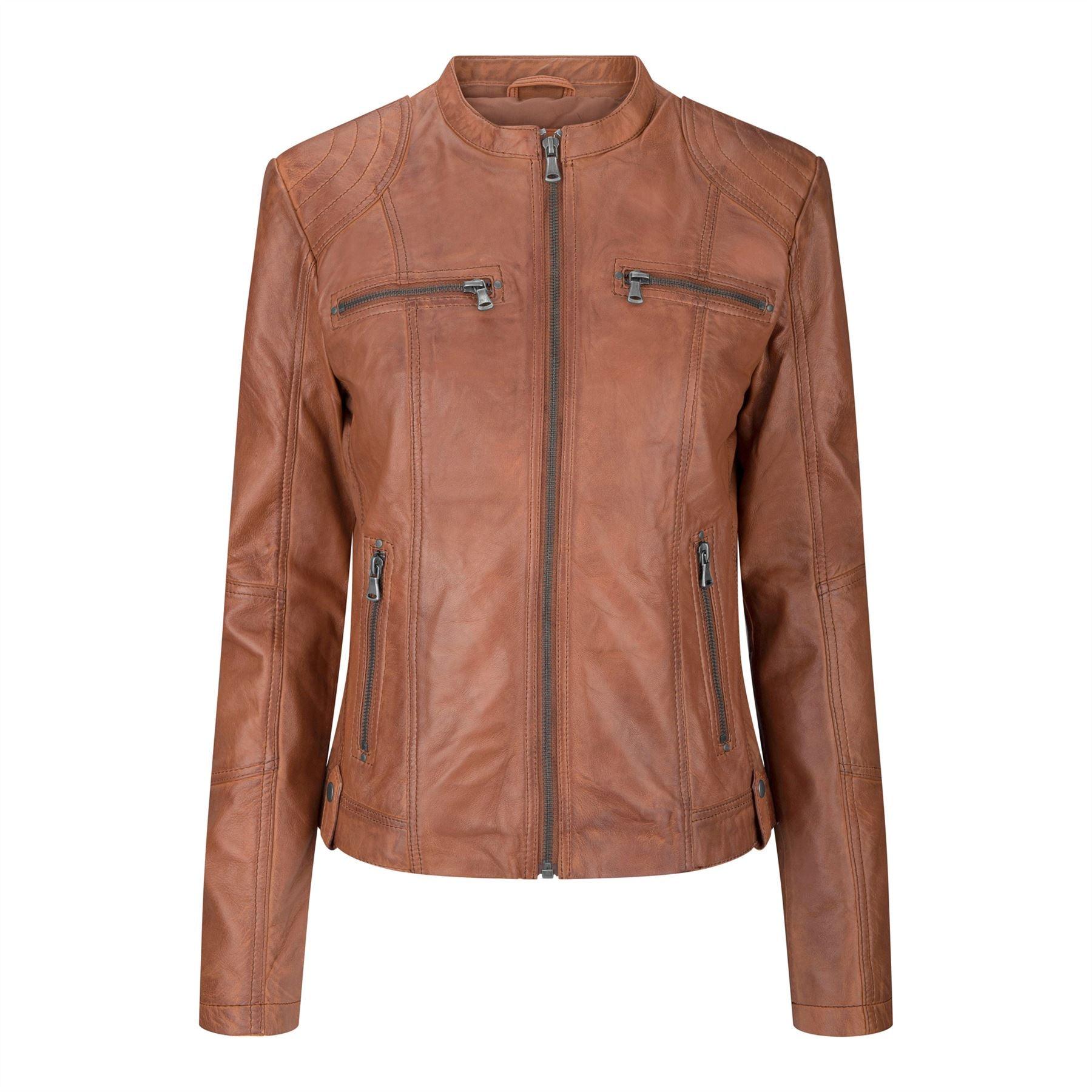 New Ladies Womens Real Leather Slim Fit Soft Zip Biker Style Jacket - Knighthood Store