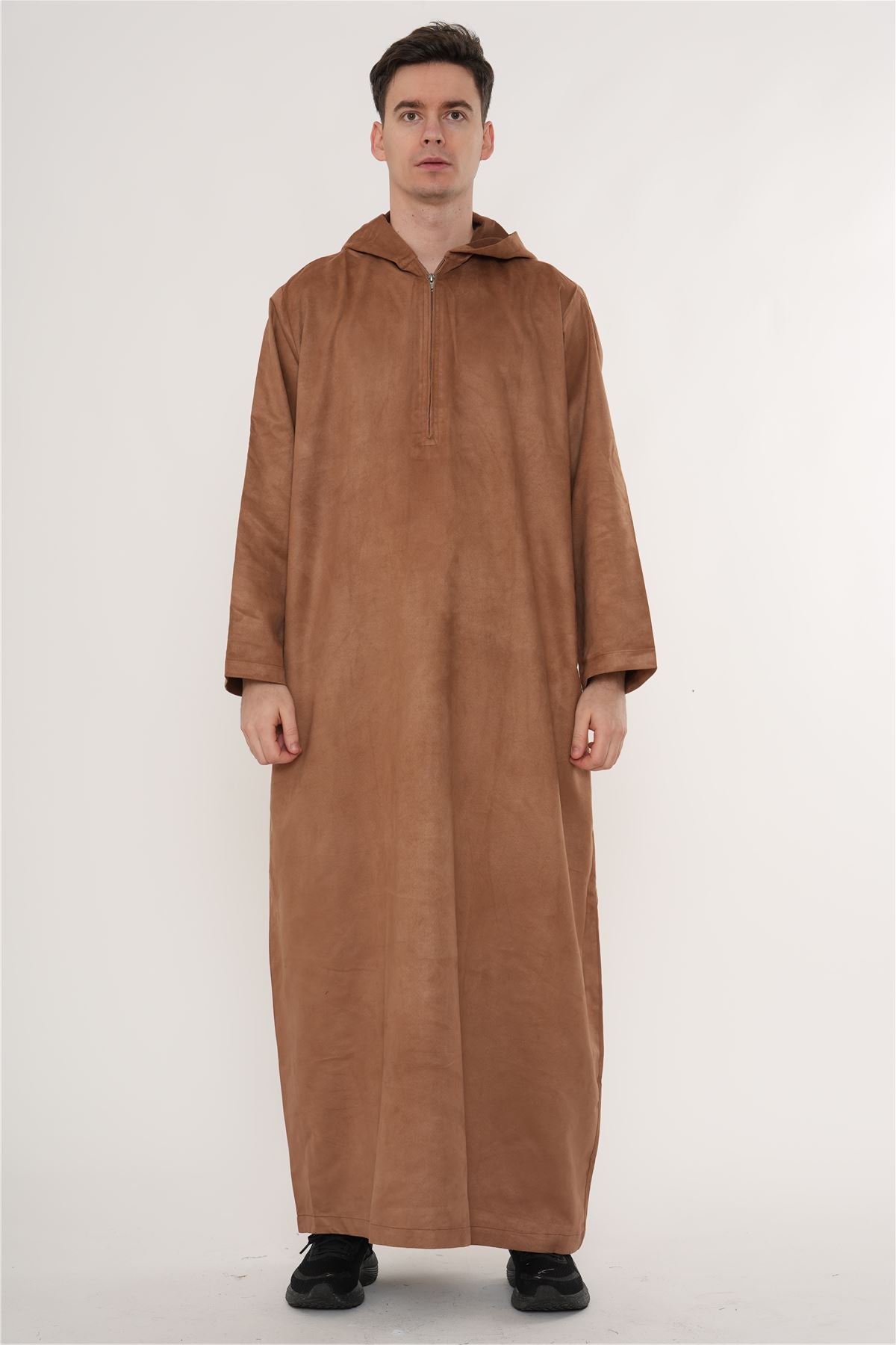 HM12 - Men's Hooded Suede Thobe Emirati Omani Zipped Thobe