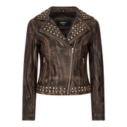 Women's Leather Jacket Cross Zip Studded Moto Brando Biker Coat - Knighthood Store