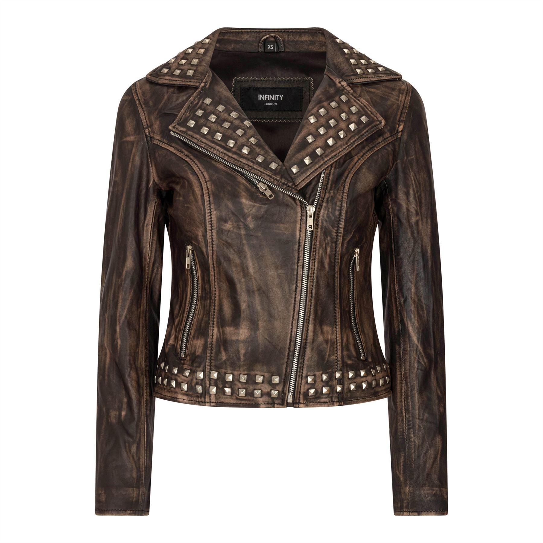 Women's Leather Jacket Cross Zip Studded Moto Brando Biker Coat - Knighthood Store