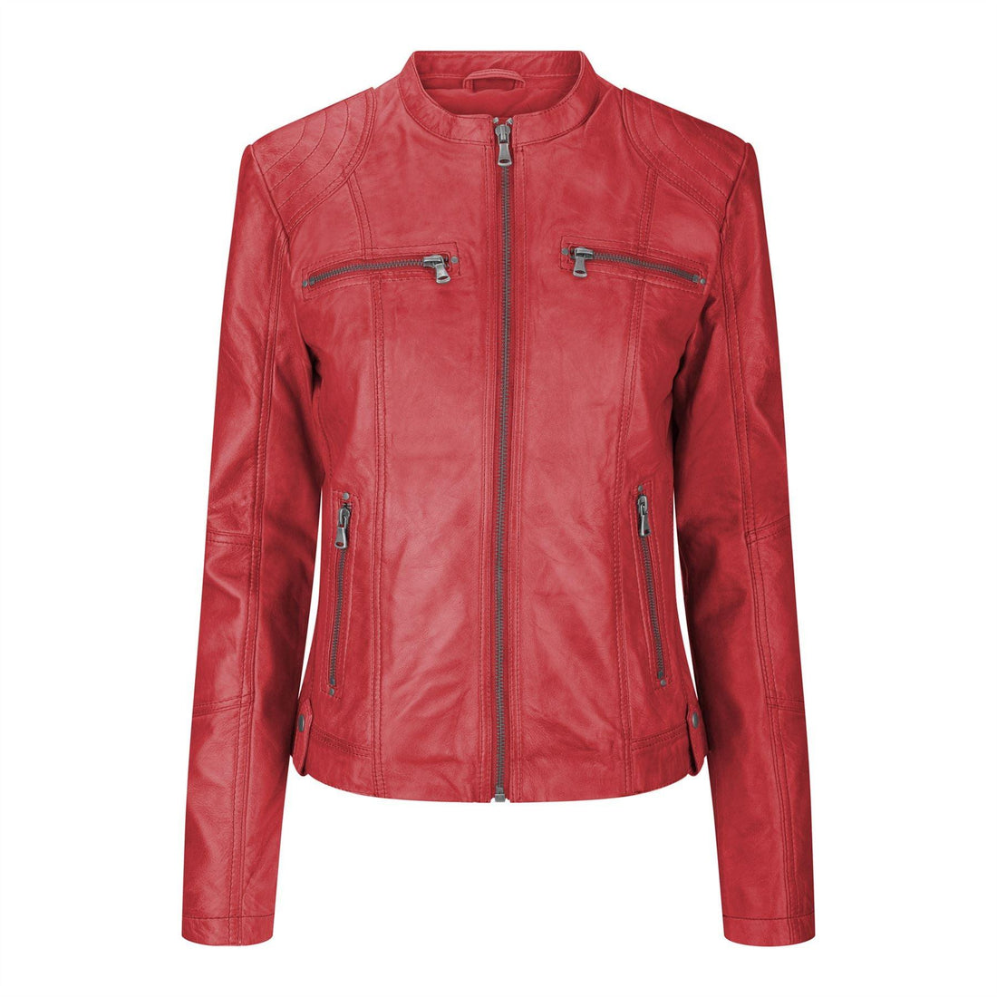 Ladies Real Leather Jacket Short Fitted Burgundy Retro Chinese Collar - Knighthood Store