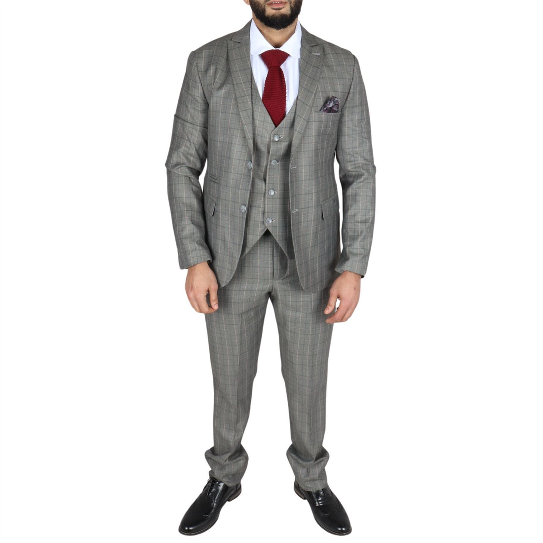 Men's Grey Suit Prince Of Wales Check Tailored Fit 3 Piece Formal Dress