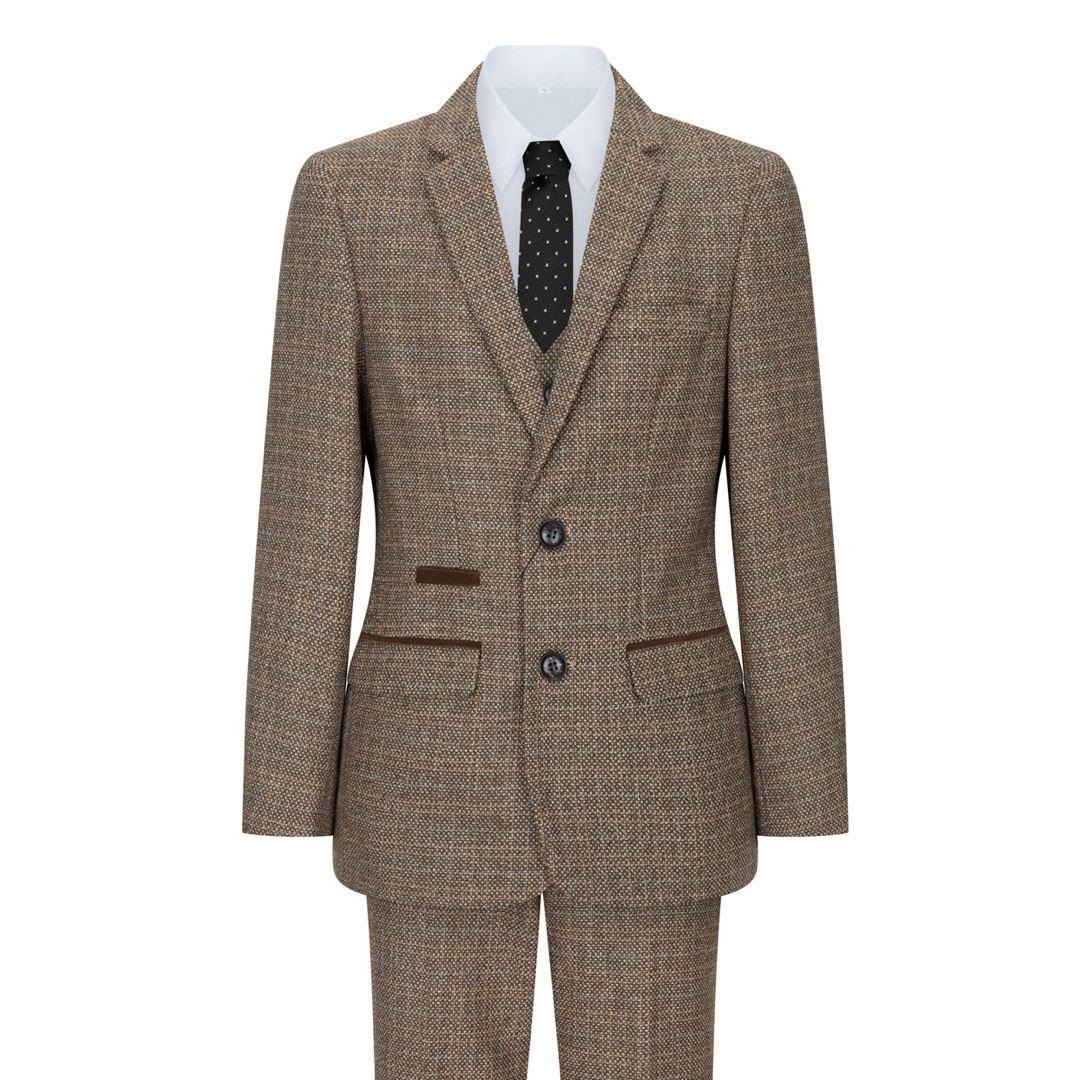 Boys 3 Piece Brown Suit Tweed Check Vintage Retro Tailored Fit 1920s - Knighthood Store