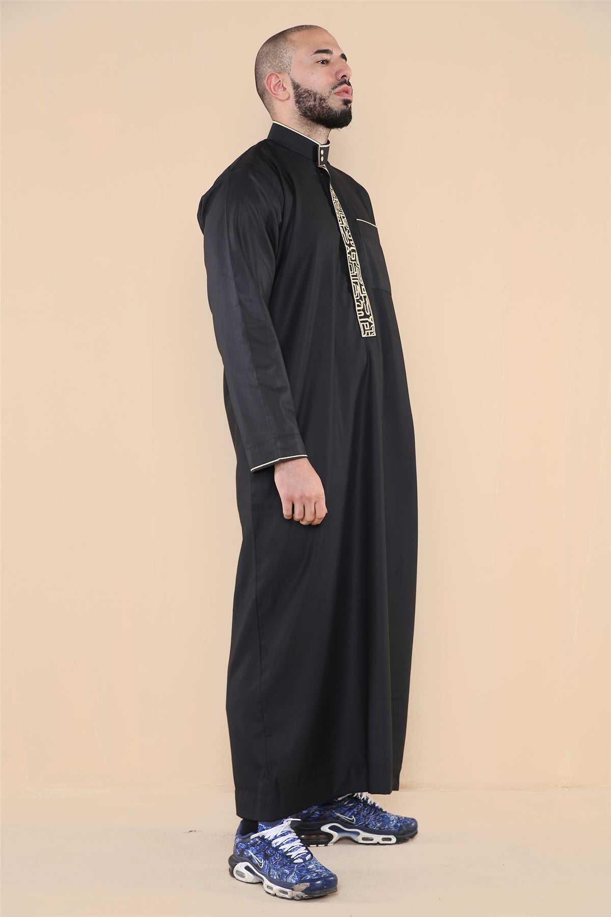 Mens Thobe Jubba Nehru Stand Collar Islamic Clothing Muslim Cotton Kaftan Embroidery Eid Robe Saudi