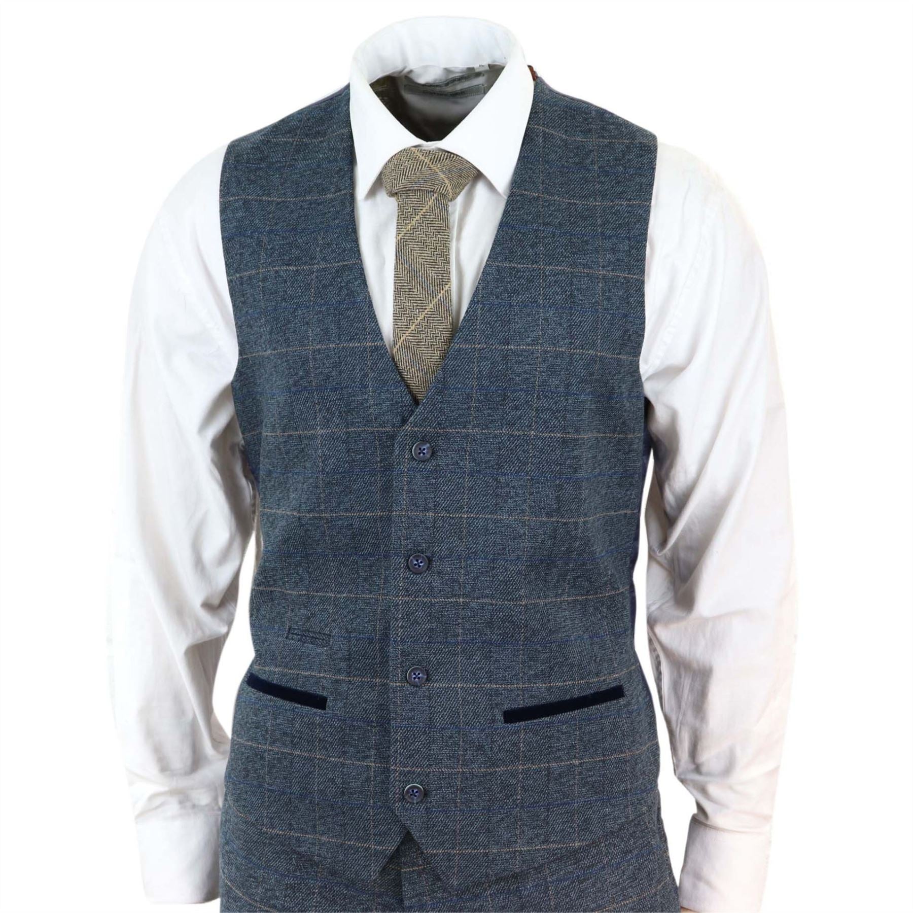 Mens Blue Check 3 Piece Suit Herringbone Tweed Vintage Tailored Fit Grey Velvet