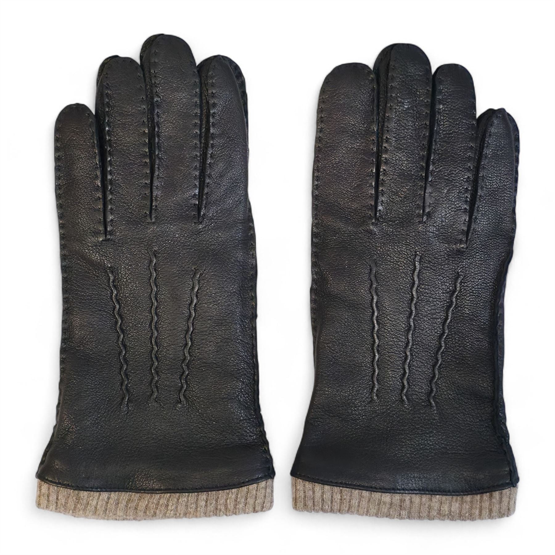 Men’s Genuine Leather Wool Lined Ribbed Knit Cuff Gloves