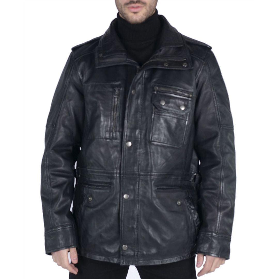 Mens 3/4 Tailored Fit Safari Parka Jacket Genuine Real Leather Military Black - Knighthood Store