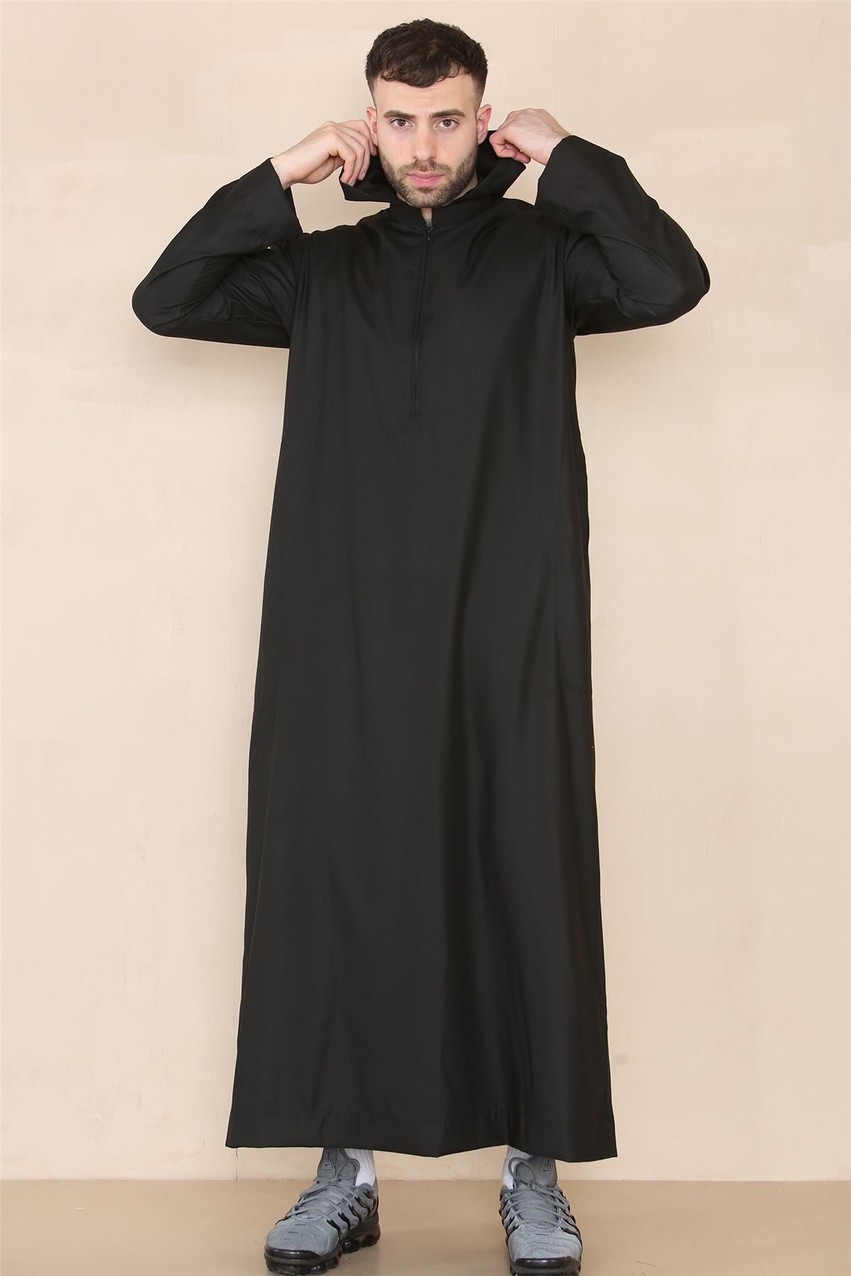 Mens Hooded Thobe Hood Jubba Nehru Stand Collar Islamic Clothing Muslim Kaftan Robe Saudi Slim Regular Fit