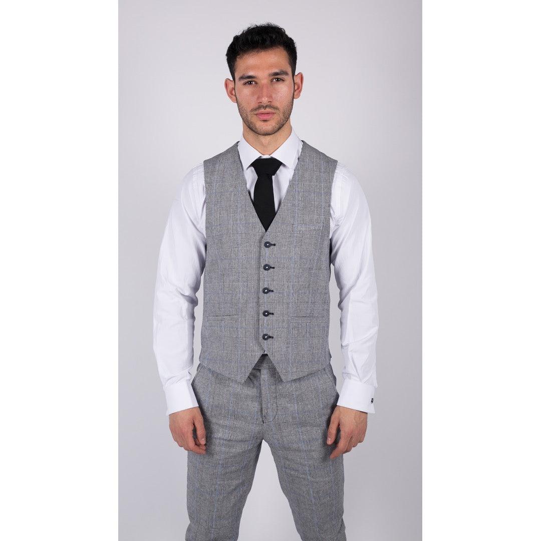 Mens 3 Piece Summer Suit Grey Check Blue Black Tailored Fit Classic Wedding Formal - Knighthood Store