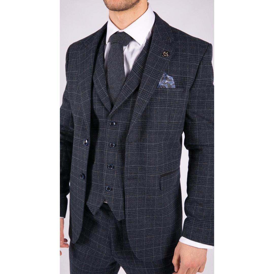 Mens Tweed 3 Piece Suit Blue Check Vintage 1920s Gatsby Blinders Tailored Fit - Knighthood Store