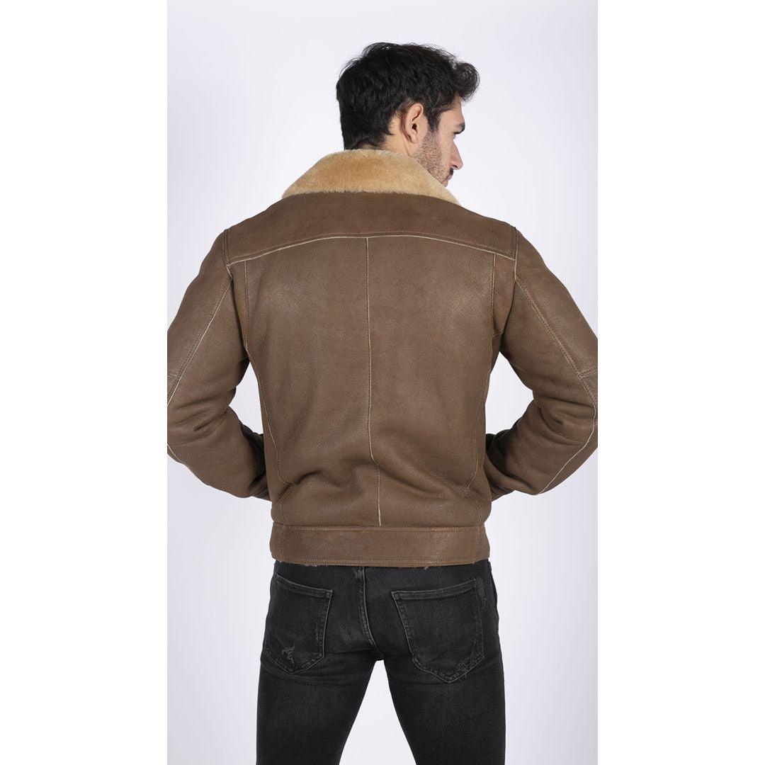 Mens Genuine Sheepskin Leather Cross Zip Flying Aviator Jacket Camel Brown Fur - Knighthood Store