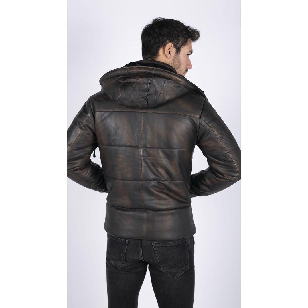 Mens Puffer Hood Jacket Real Leather Black Brown Casual Retro 80s Classic Casual - Knighthood Store