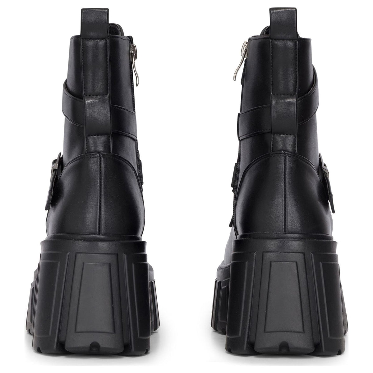 Women's Black Vegan Leather Mid-Calf Chunky Platform Combat Boots