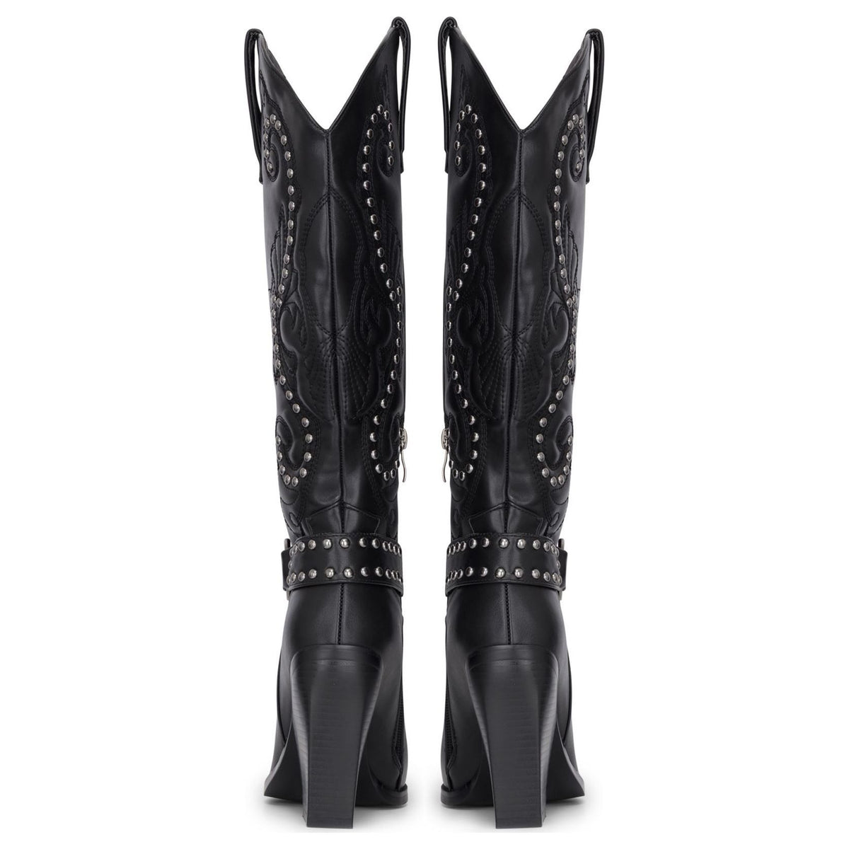 Women's Black Vegan Leather Silver Studs Knee-High Western Cowboy Boots
