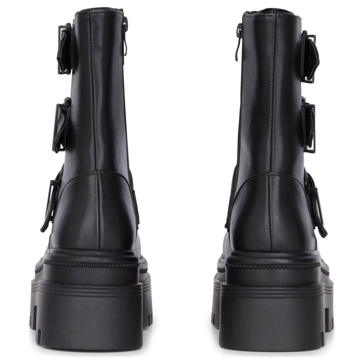 Women's Black Vegan Leather Mid-Calf Buckle Straps Platform Combat Boots