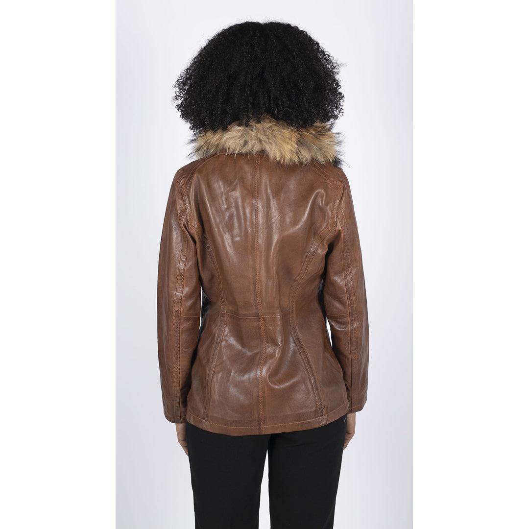Womens Real Leather Short Parka Jacket Coat Fur Hood Zipped Brown Tan Black - Knighthood Store