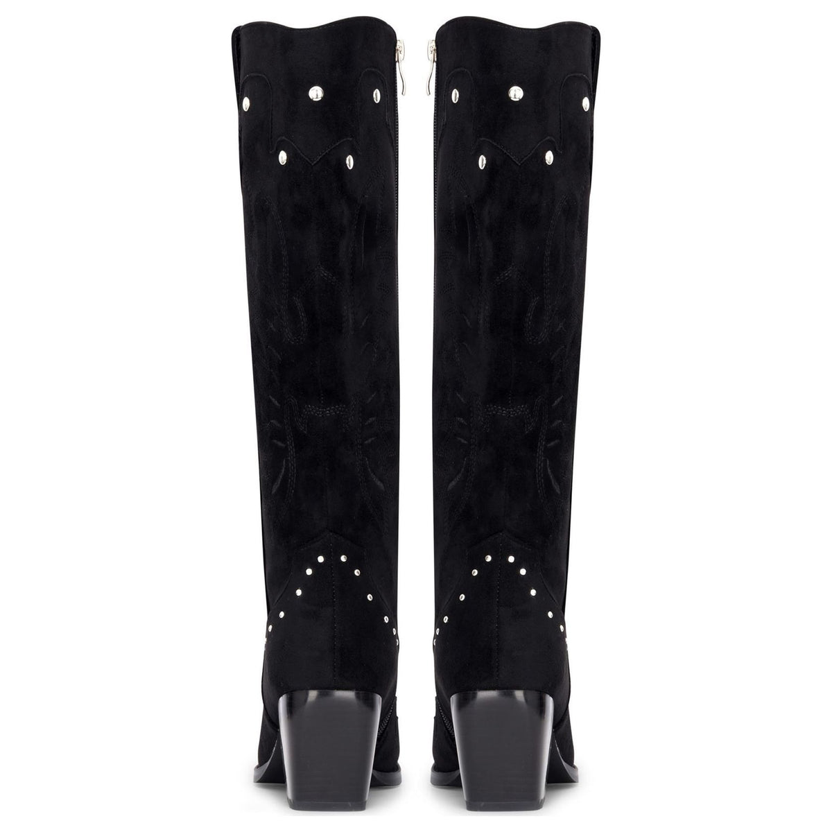 Women's Black Vegan Suede Knee-High Western Studded Cowboy Boots