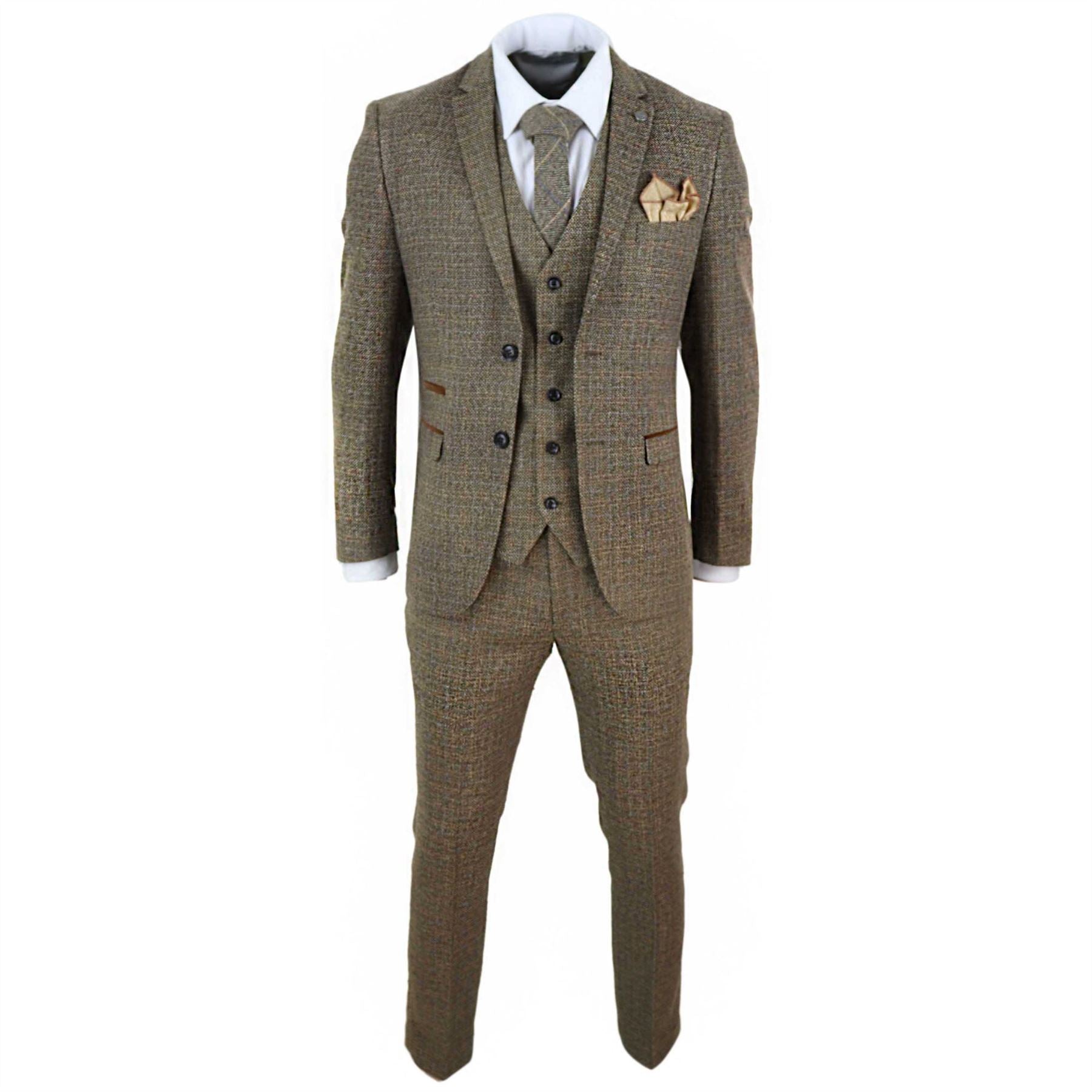 Mens 3 Piece Suit Tweed Check Vintage Retro Tailored Fit 1920s