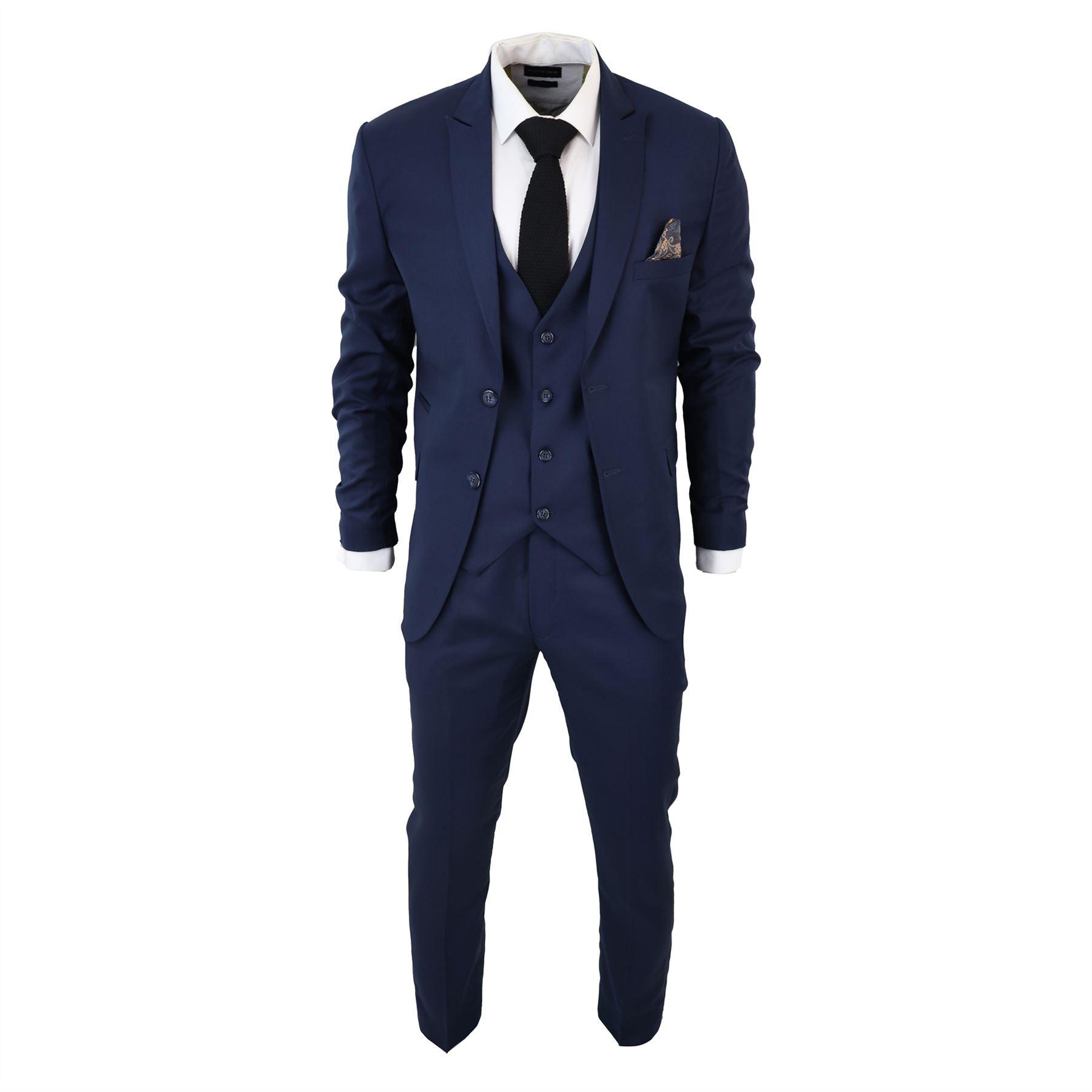 Men's Classic Navy Blue Suit 3 Piece Tailored Fit Vintage Office Wedding Prom - Knighthood Store