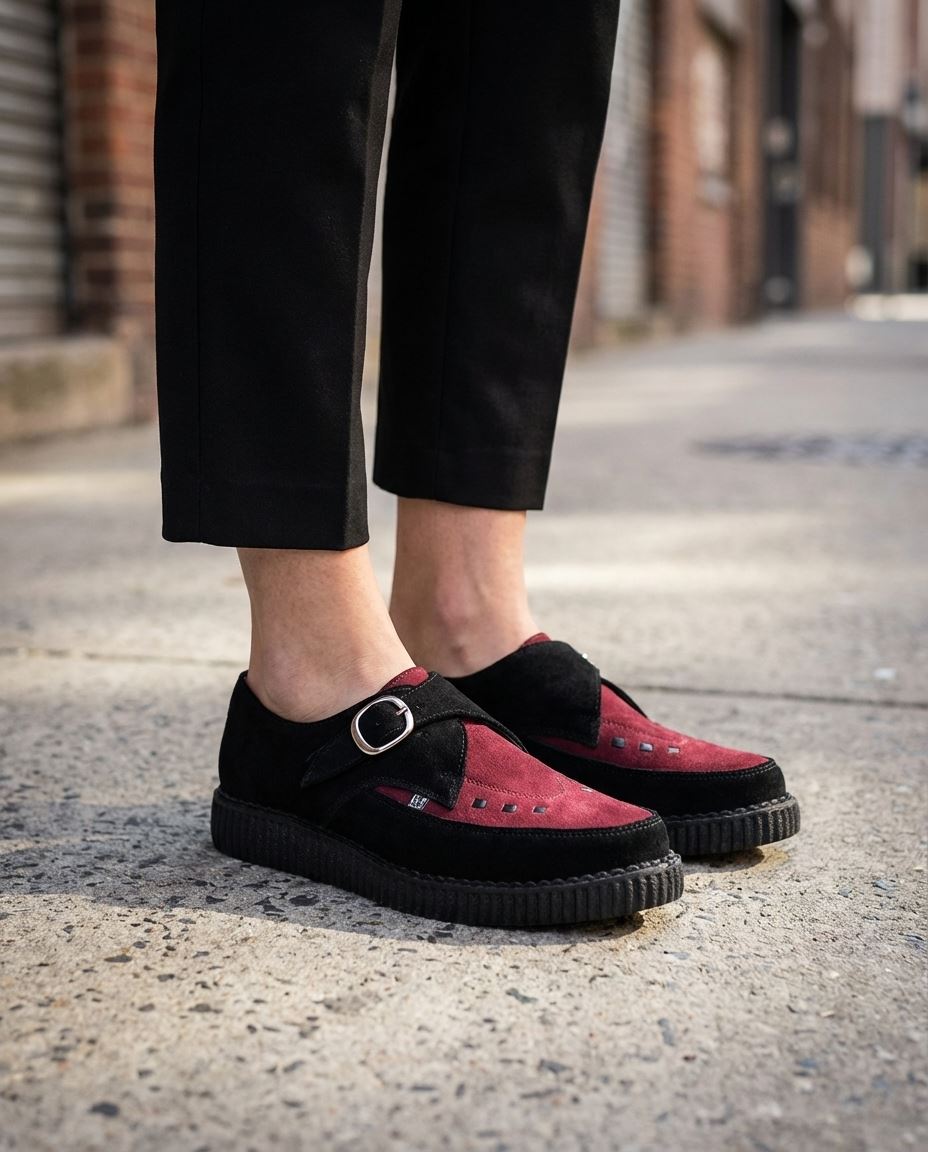 Pointed Creeper Black Burgundy Suede Monk Platform Shoes