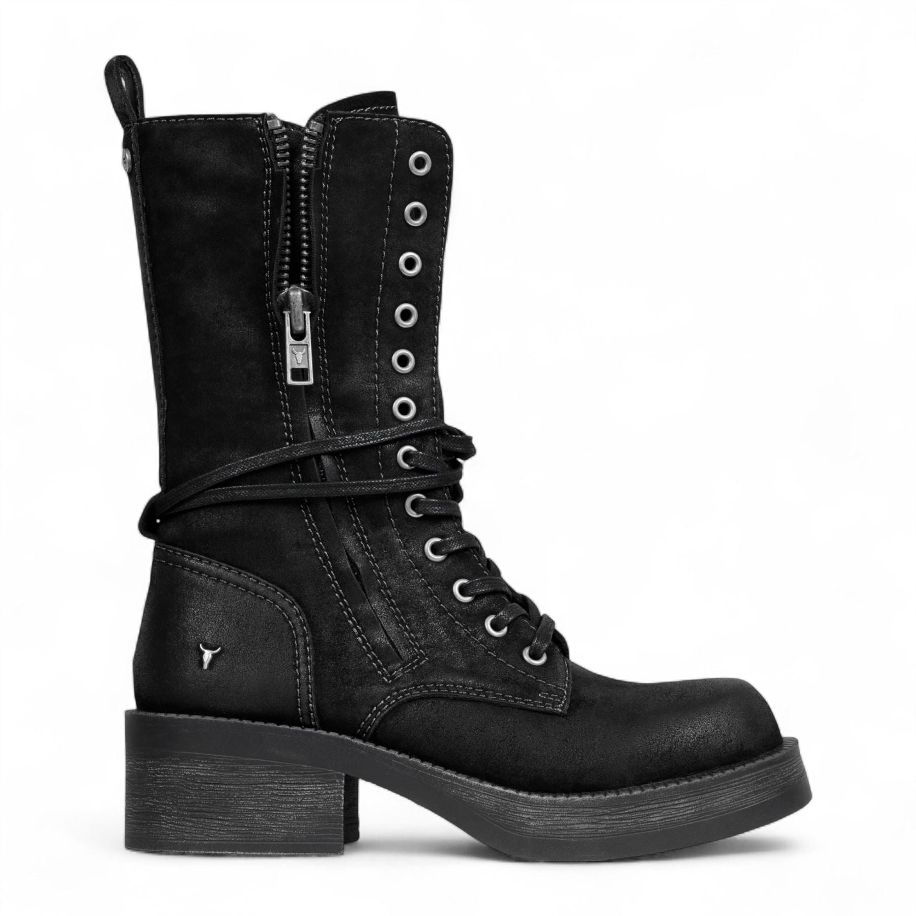 Gather - Women's Black Suede Mid-Calf Lace-Up Combat Boots