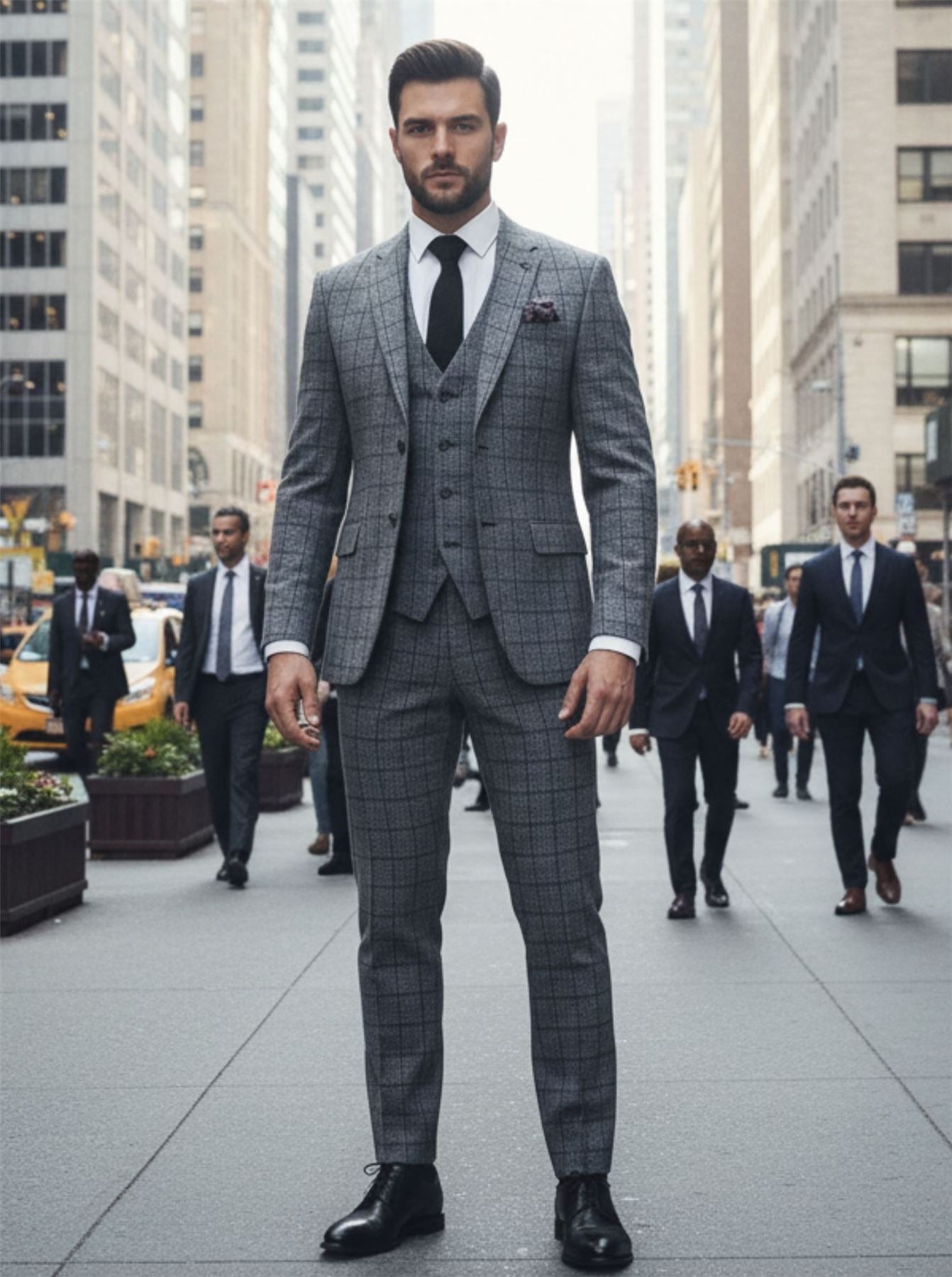 IM11 - Men's Charcoal 3 Piece Tailored Fit Check Suit