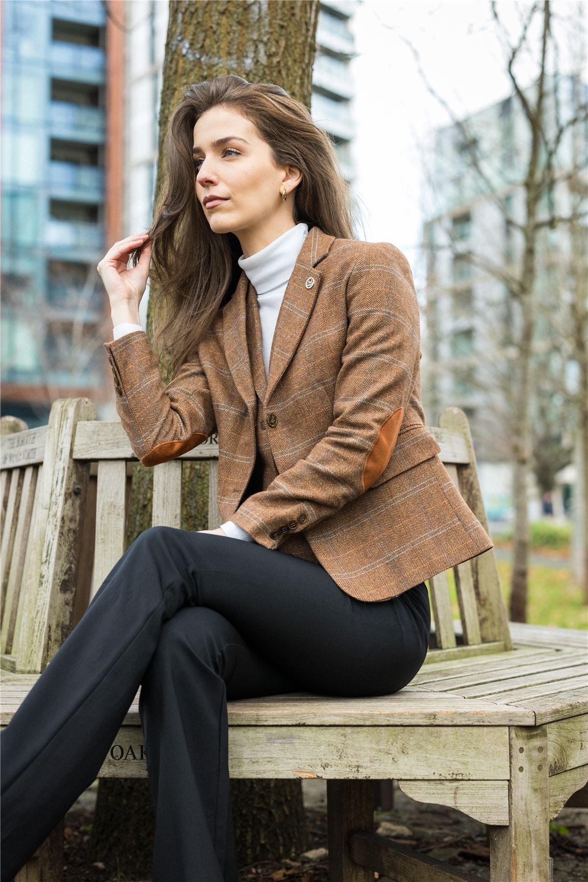 Women's Oak Brown Wool Blend Tweed Herringbone Checkered Blazer Waistcoat