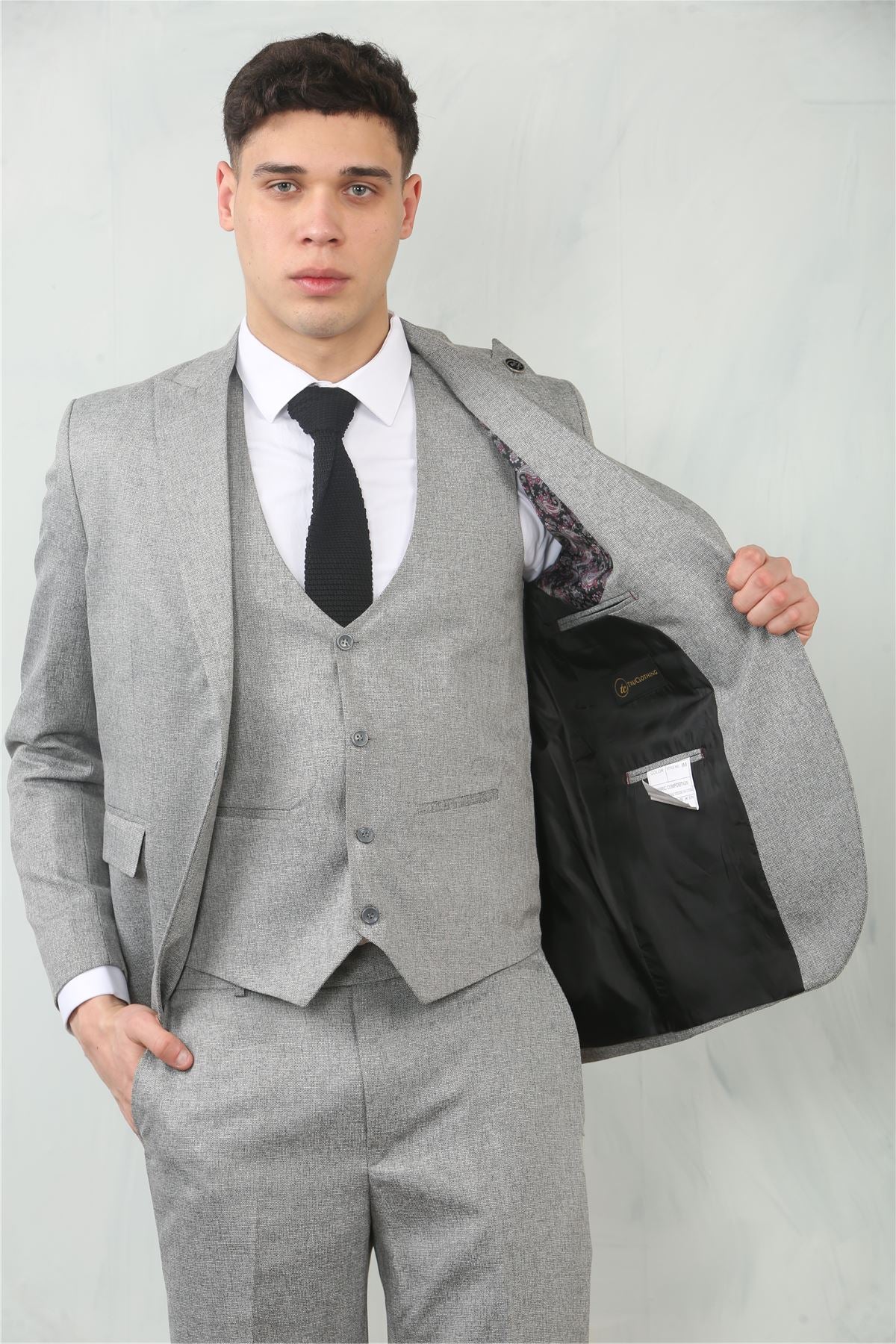 Men's 3 Piece Suit Grey Tailored Fit Wedding Classic Prom Formal Textured